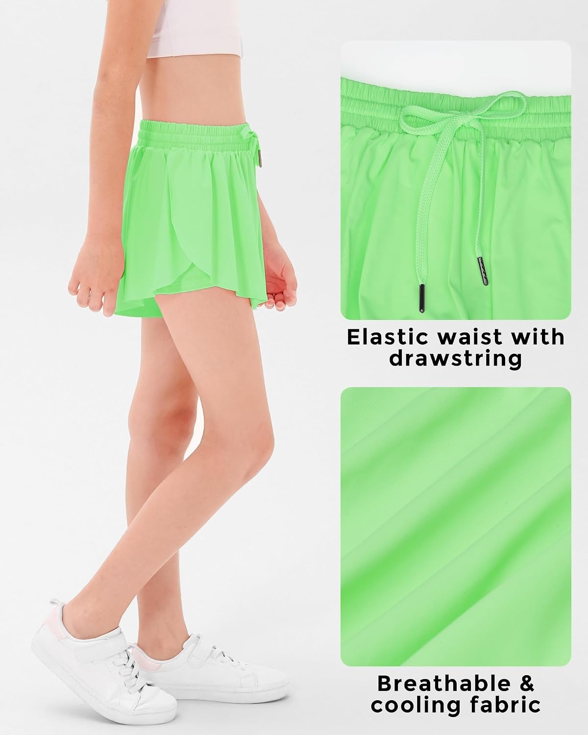 Stelle Girls Butterfly Shorts with Pockets Athletic Running Sports Skirt | 2 in 1 Sports short, 5-16 Years, Lightweight, Breathable, Quick-dry, Compression liner, 2 Inner pockets, Elastic waistband(Neon Green)