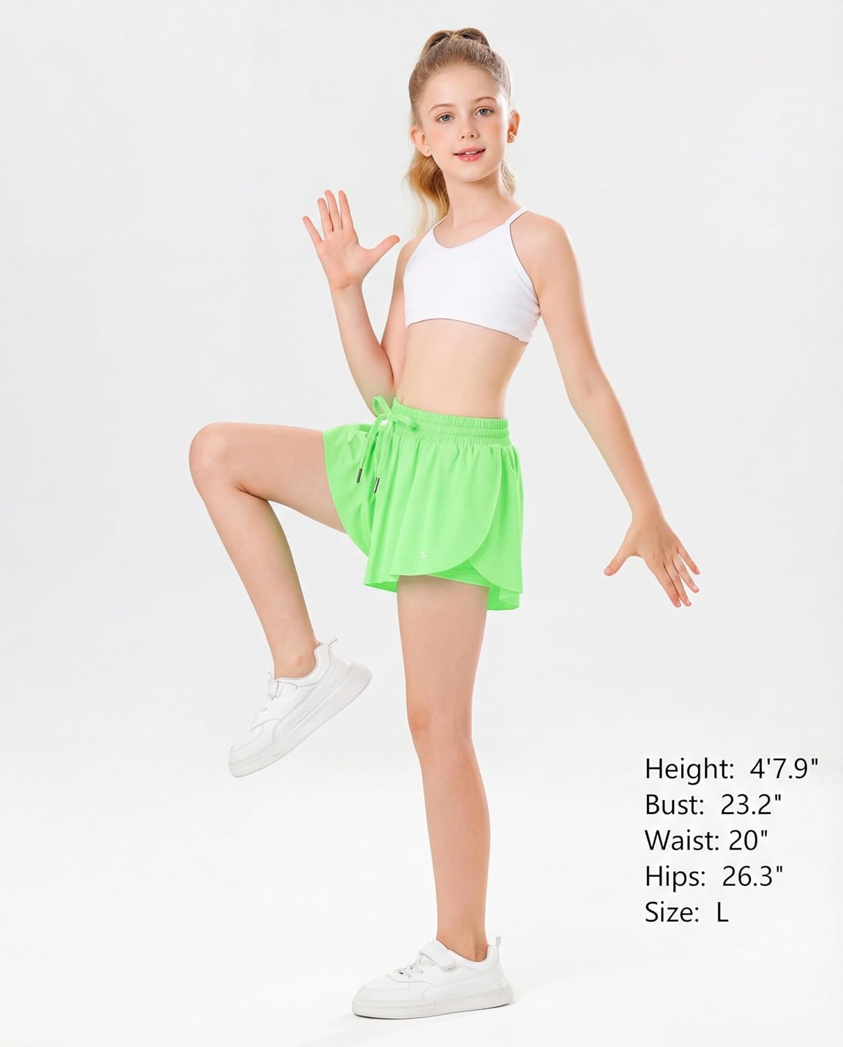 Stelle Girls Butterfly Shorts with Pockets Athletic Running Sports Skirt | 2 in 1 Sports short, 5-16 Years, Lightweight, Breathable, Quick-dry, Compression liner, 2 Inner pockets, Elastic waistband(Neon Green)