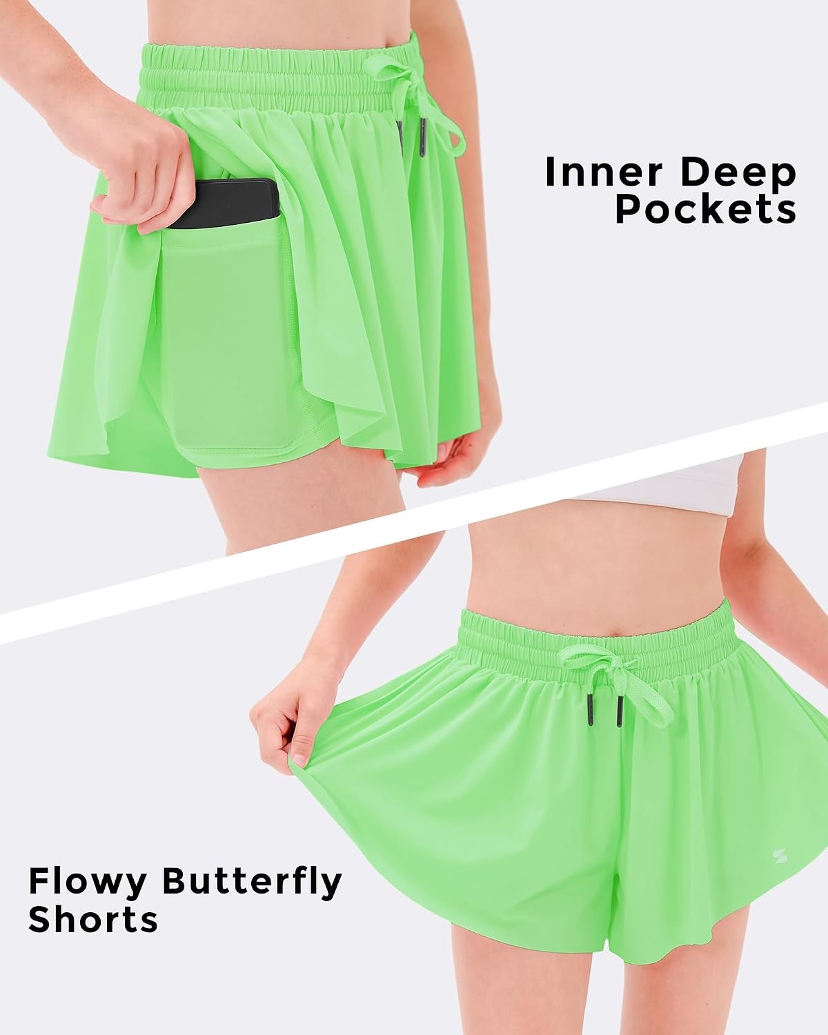 Stelle Girls Butterfly Shorts with Pockets Athletic Running Sports Skirt | 2 in 1 Sports short, 5-16 Years, Lightweight, Breathable, Quick-dry, Compression liner, 2 Inner pockets, Elastic waistband(Neon Green)