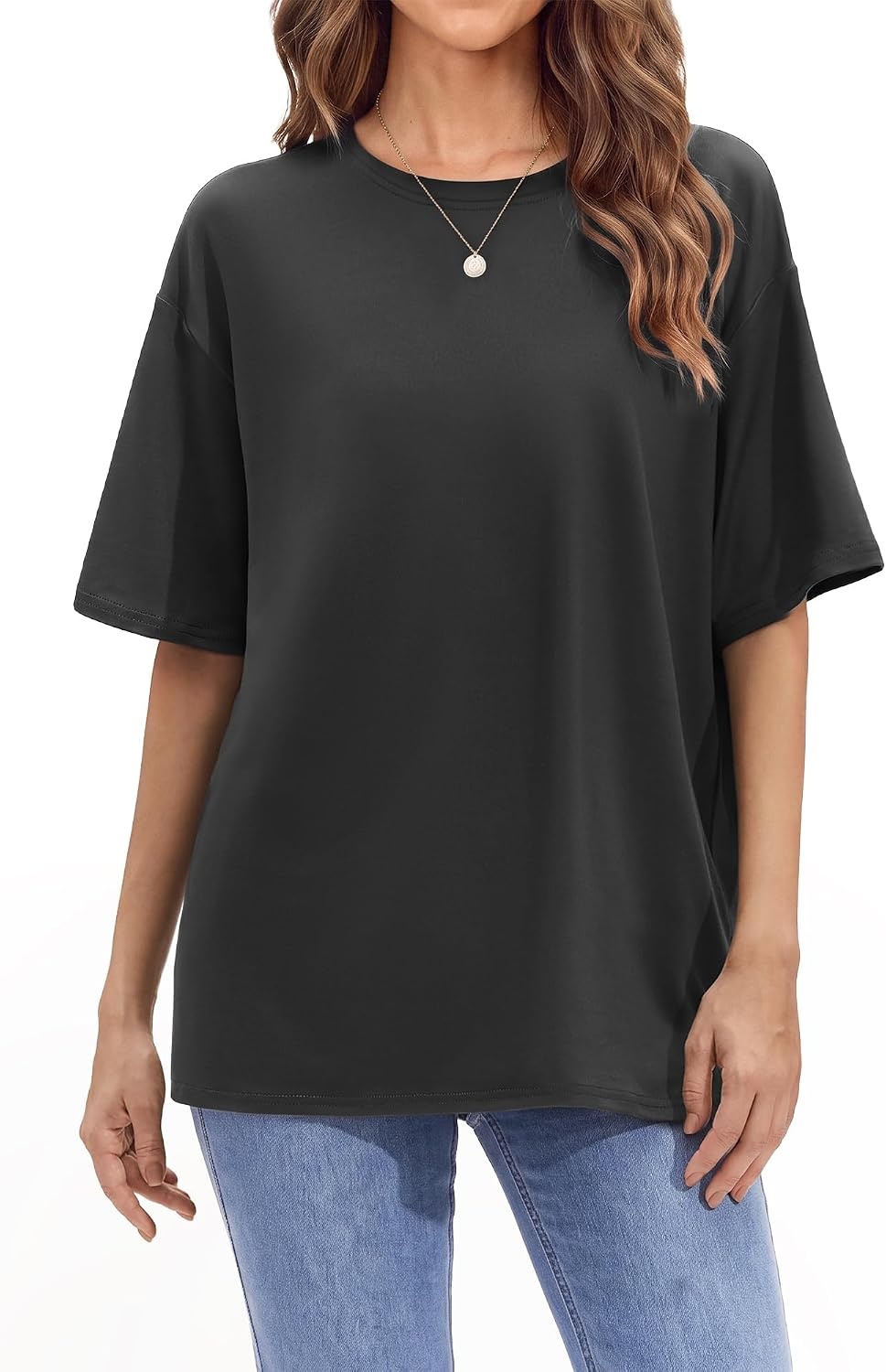 Stelle Non See Through Oversized T Shirts Women Crew Neck Short Sleeve Summer Tops Soft Basic Tee Shirt(Charcoal)