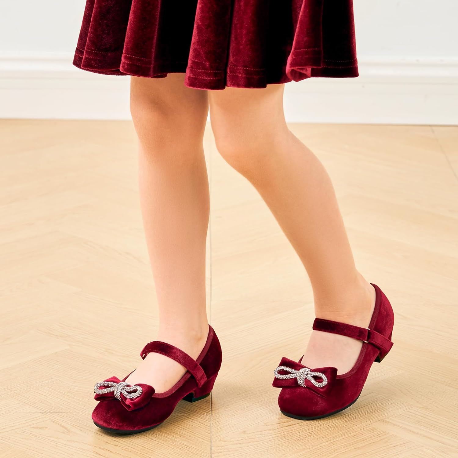Stelle Girls Dress Shoes Flower Girls Wedding Party Low Heels with Bow for Toddler and Kids(Burgundy(velvet))