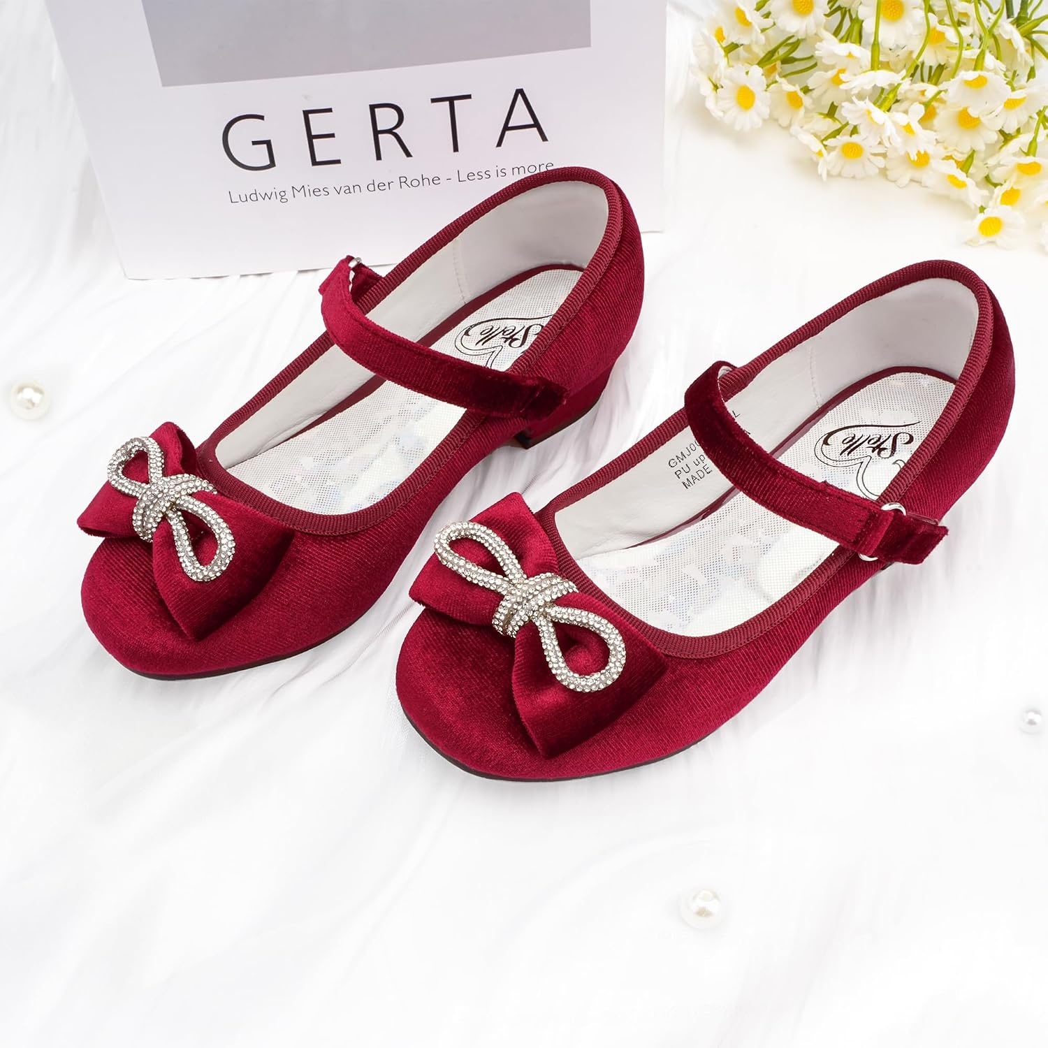 Stelle Girls Dress Shoes Flower Girls Wedding Party Low Heels with Bow for Toddler and Kids(Burgundy(velvet))