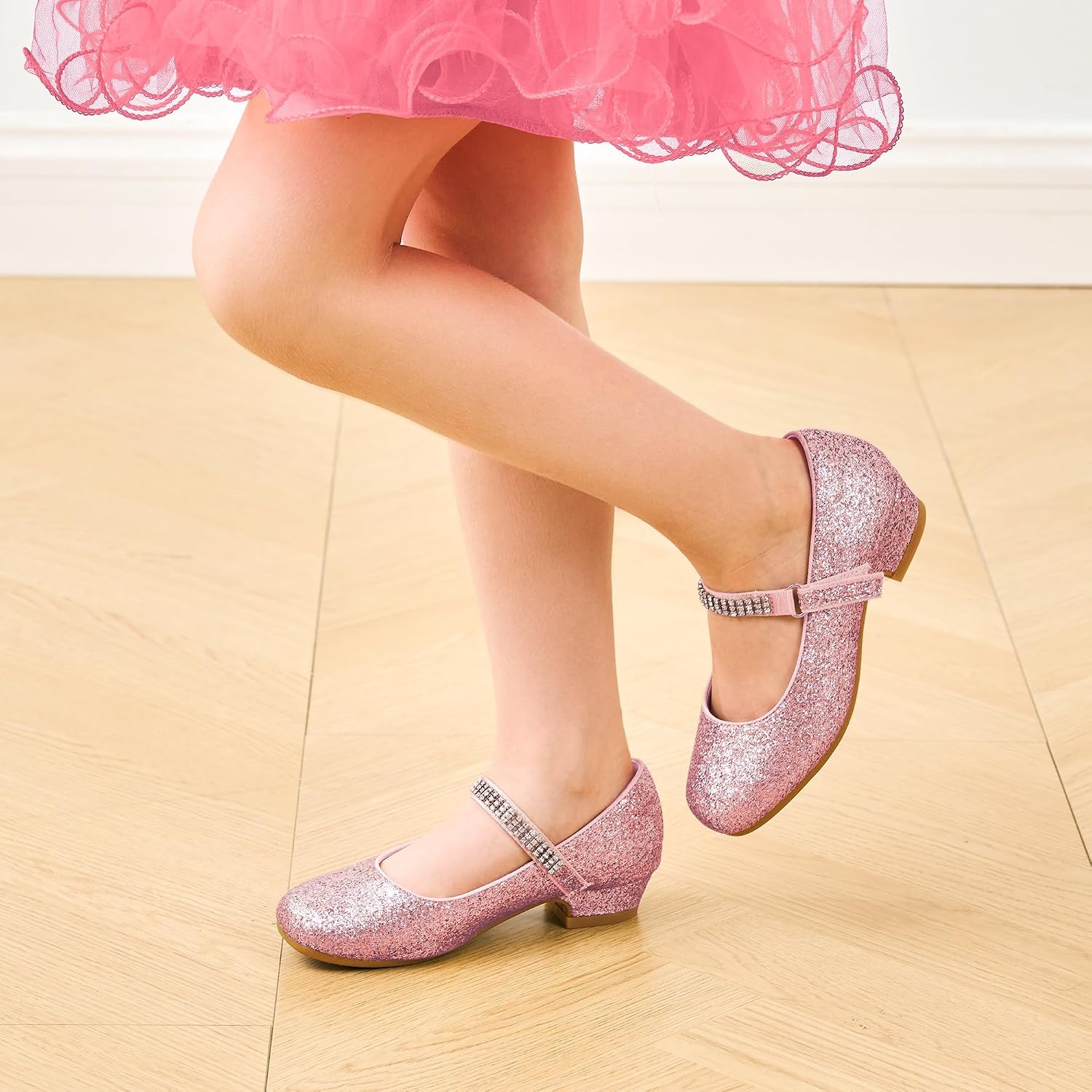 Stelle Girls Mary Jane Dress Shoes Low Heel Glitter Patent Bow Kids Party Wedding Flower Girl School Shoes(Toddler/Little/Big Kid)(Glitter Mary Jane-fuchsia)