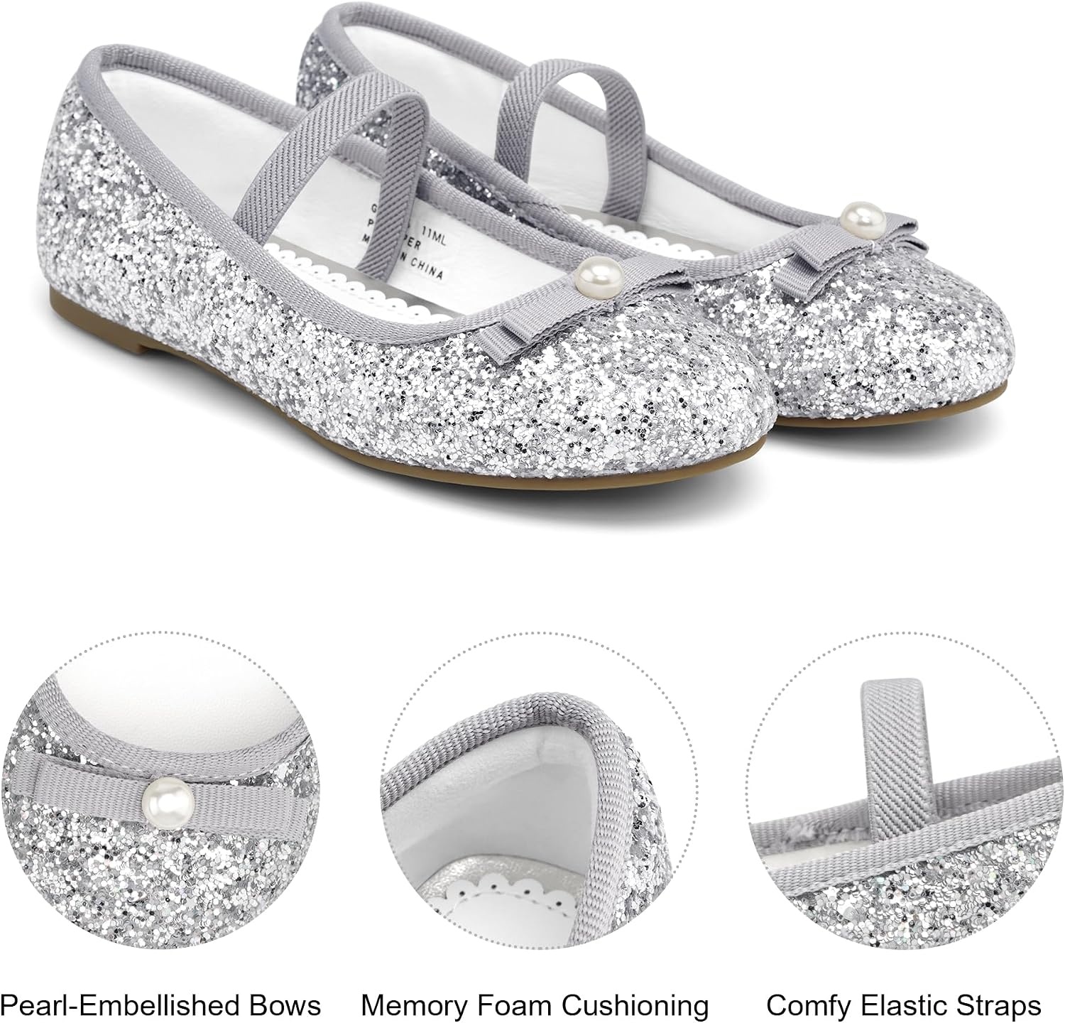 Stelle Girls Glitter Dress Shoes Flower Wedding Mary Jane Ballet Flats with Strap Toddler/Little/Big Kids(Silver)