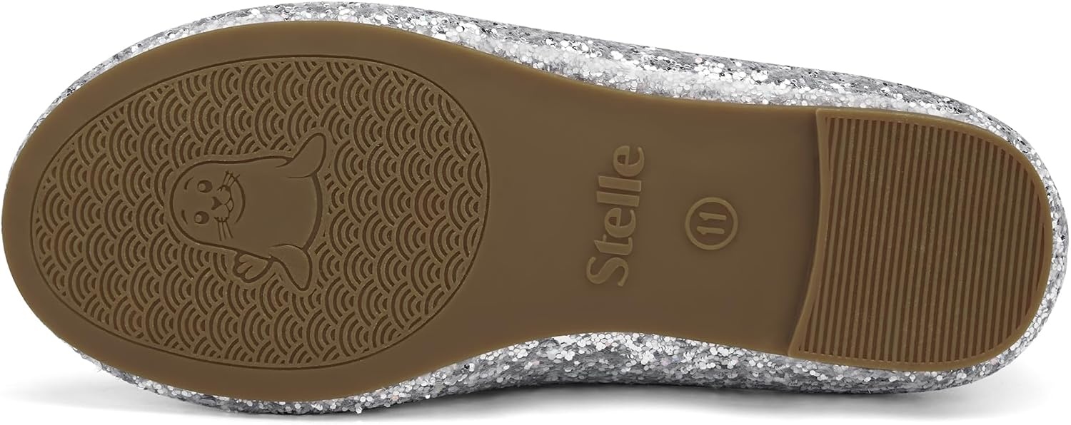 Stelle Girls Glitter Dress Shoes Flower Wedding Mary Jane Ballet Flats with Strap Toddler/Little/Big Kids(Silver)
