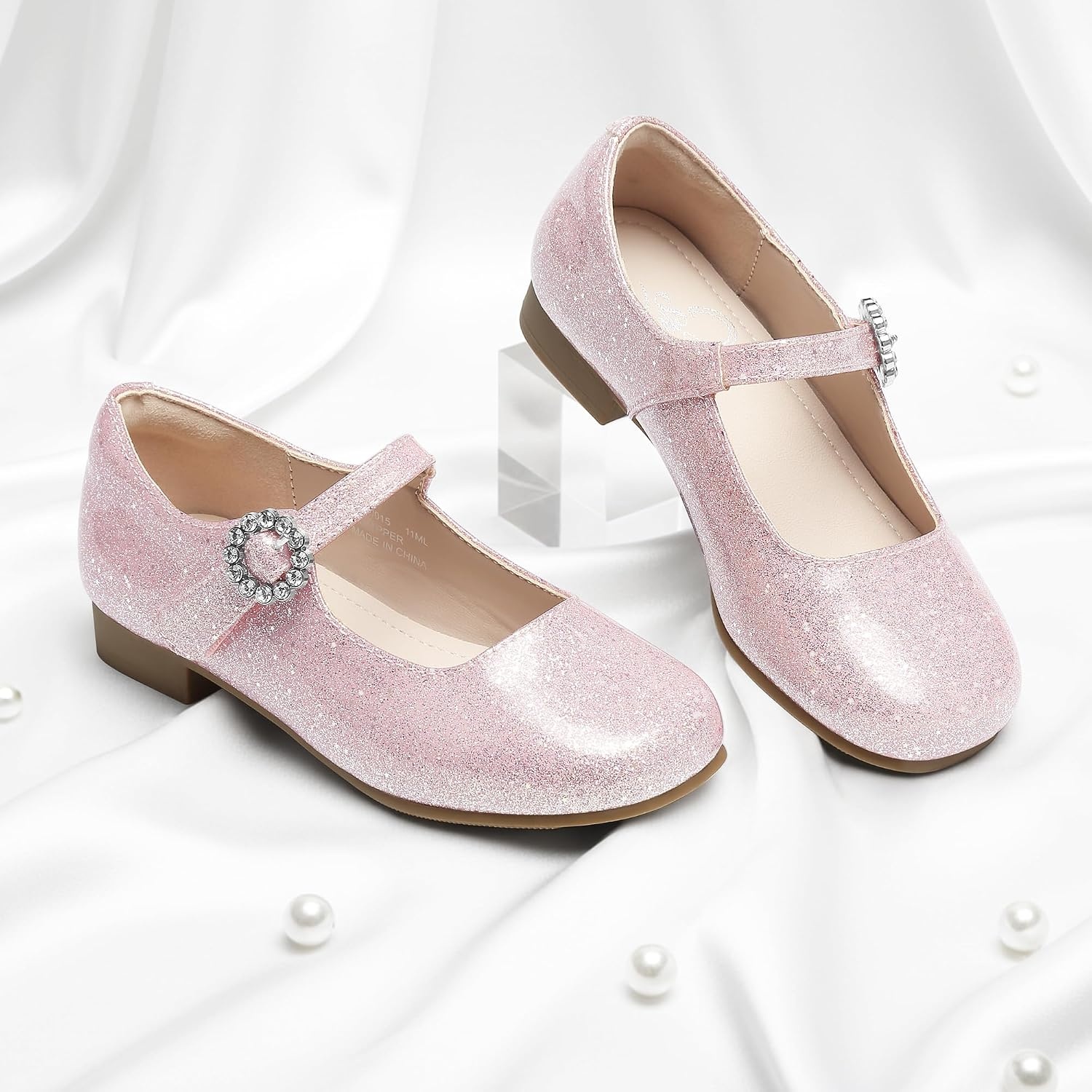 Stelle Girls Dress Shoes Rhinestone Buckle Mary Janes for School Wedding(Blush Glimmer)