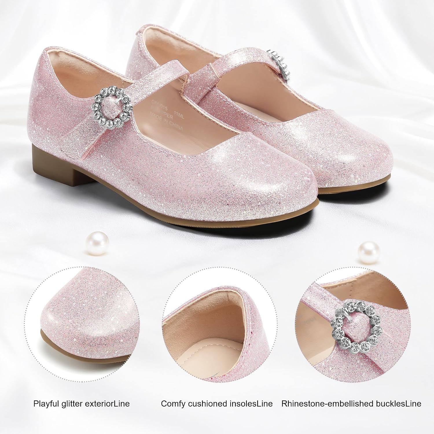 Stelle Girls Dress Shoes Rhinestone Buckle Mary Janes for School Wedding(Blush Glimmer)