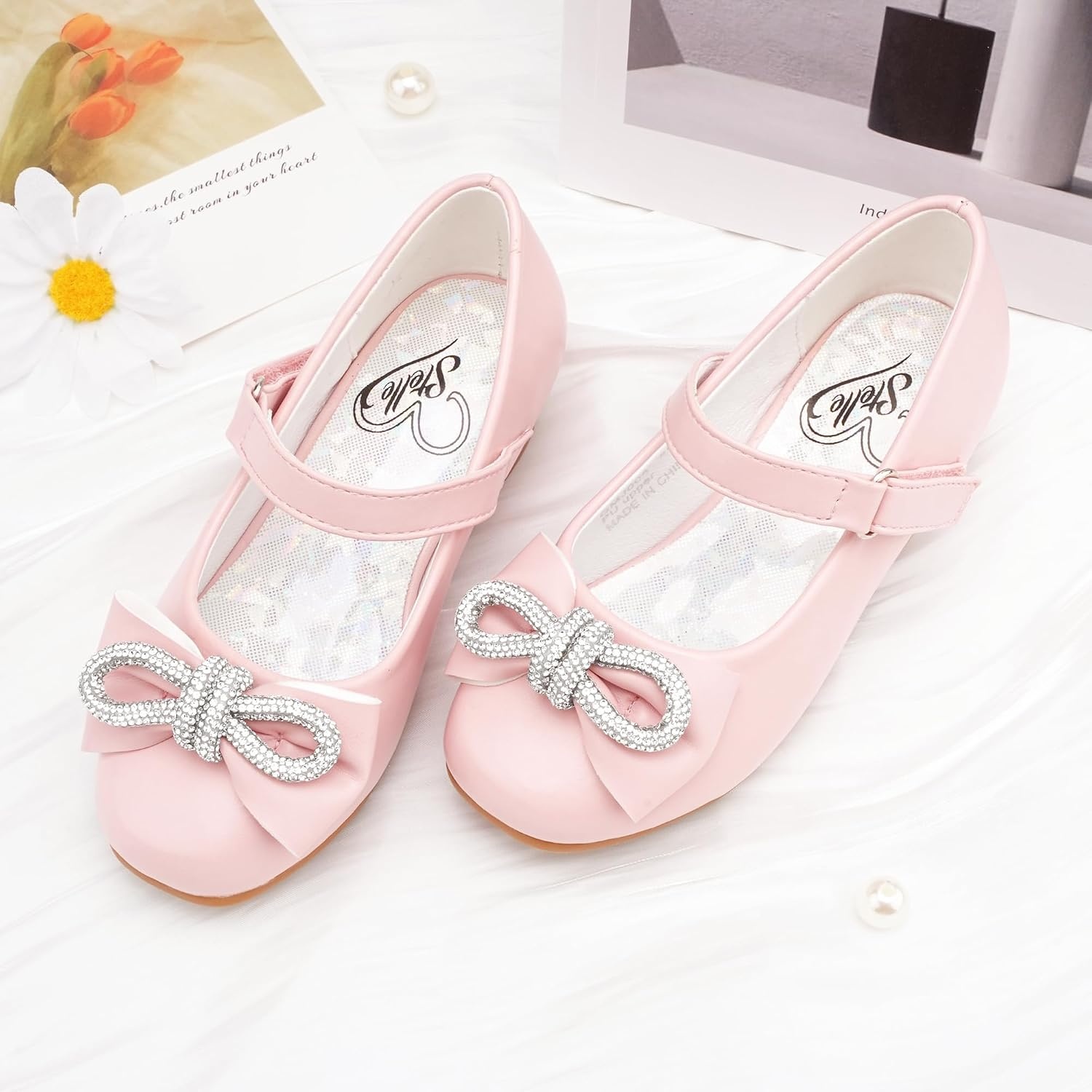 Stelle Girls Dress Shoes Flower Girls Wedding Party Low Heels with Bow for Toddler and Kids(Pink)