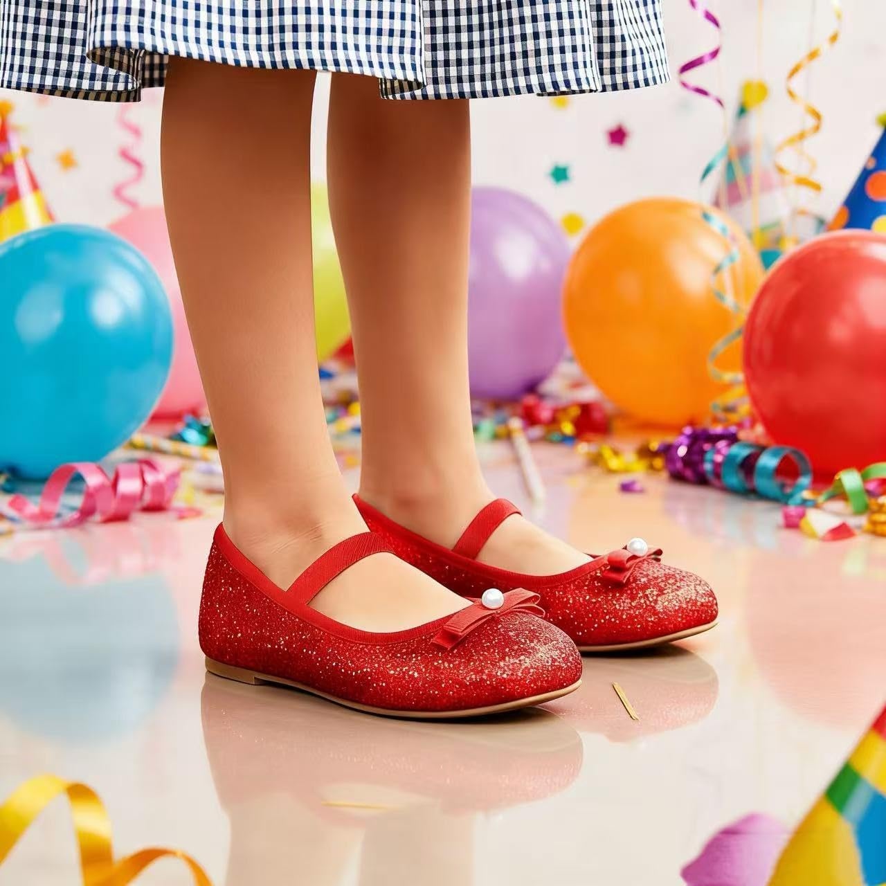 Stelle Girls Glitter Dress Shoes Flats with Pearl Bow for Party Flower Girl(Red)