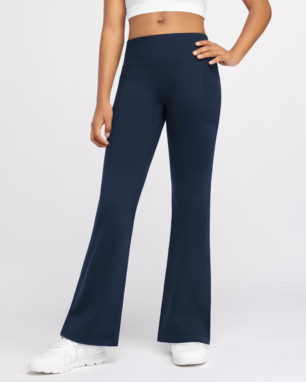 Stelle Girls Fleece Lined Flare Leggings with Pockets Bell Bottom Pants(A1-navy)