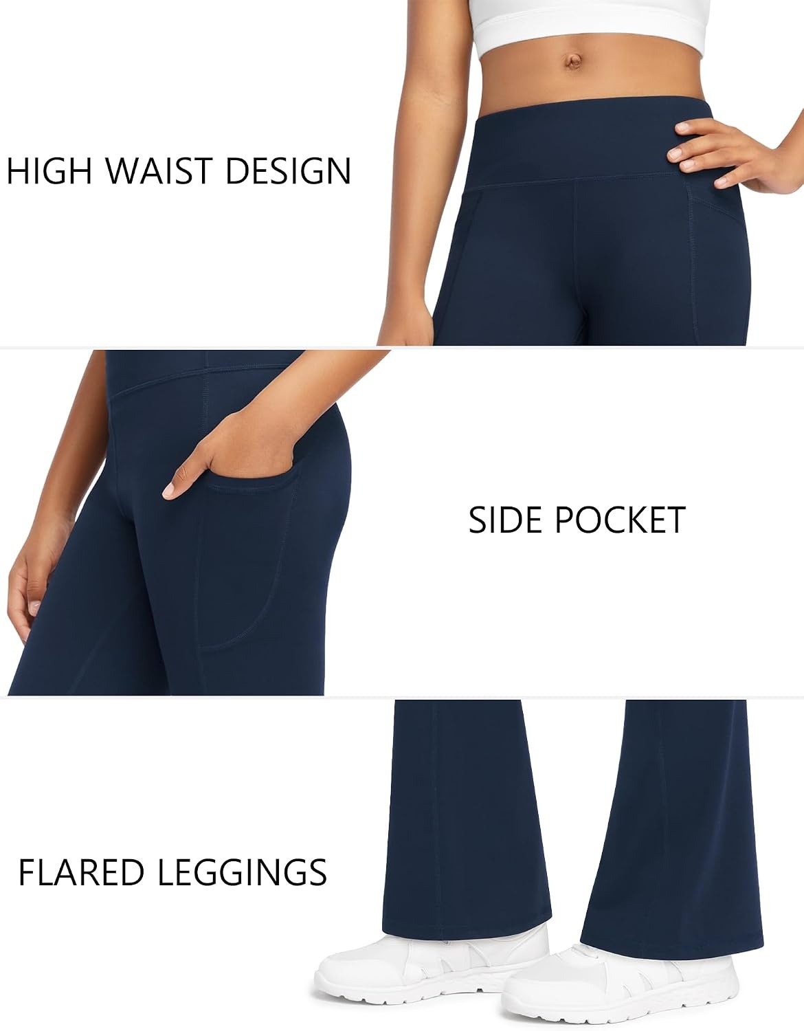 Stelle Girls Fleece Lined Flare Leggings with Pockets Bell Bottom Pants | Warm Fleece Lining,Soft 4-Way Stretch,Side Pockets, Flared Leg Style for Yoga,Dance,Gymnastics, School,Athletic,Winter Wear(Navy)