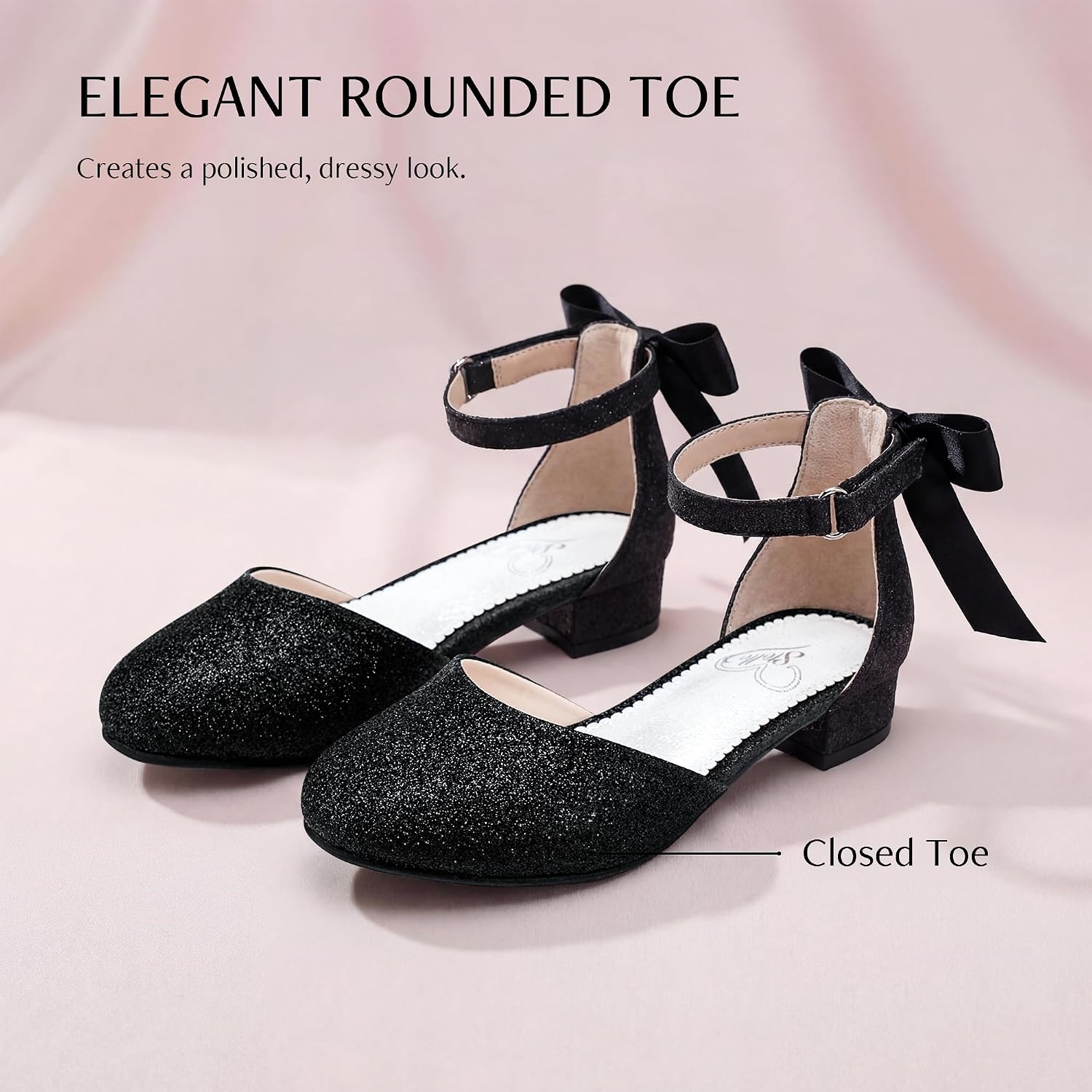 Stelle Girls Low Heel Dress Shoes with Detachable Bow for Wedding Party(Black Glitter)