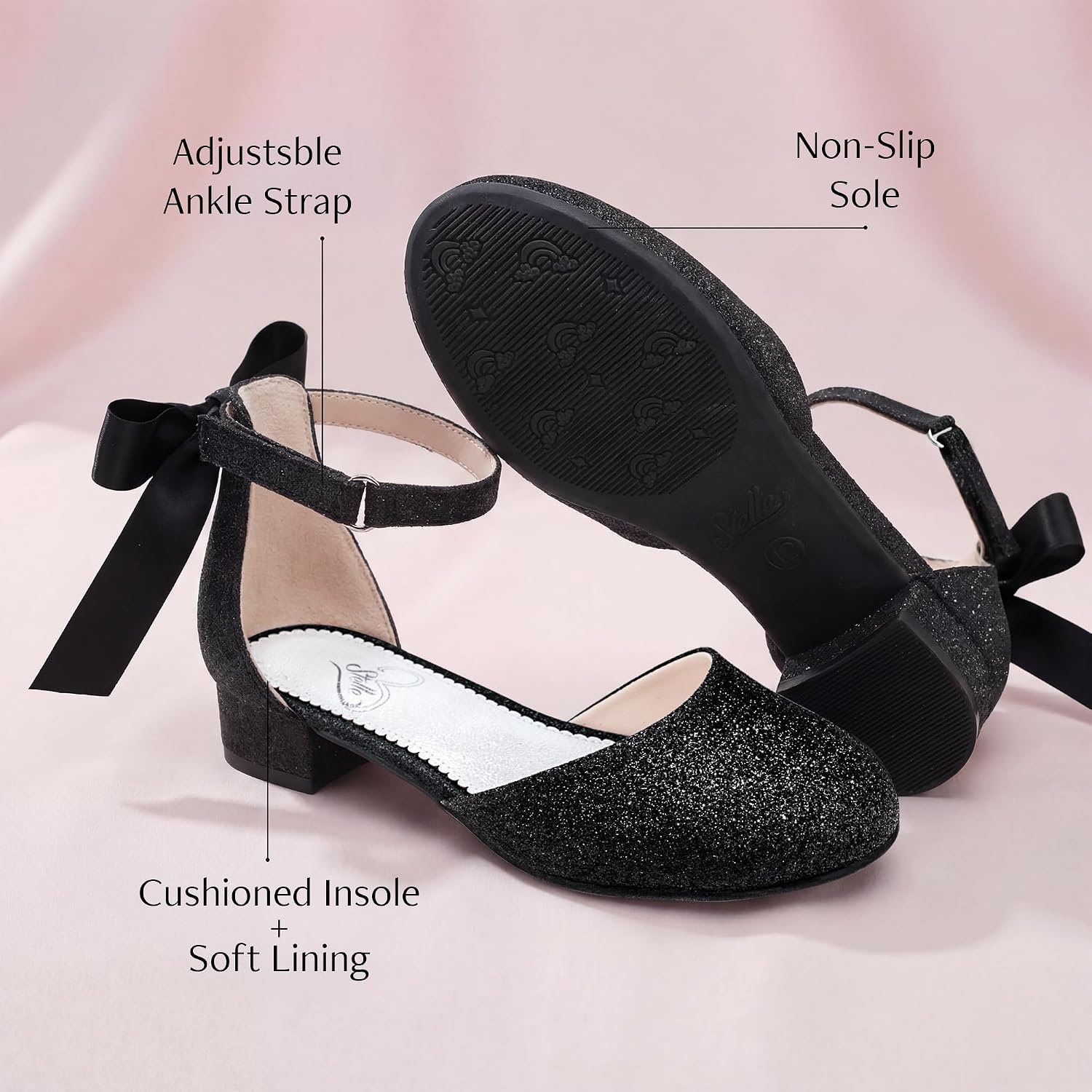 Stelle Girls Low Heel Dress Shoes with Detachable Bow for Wedding Party(Black Glitter)