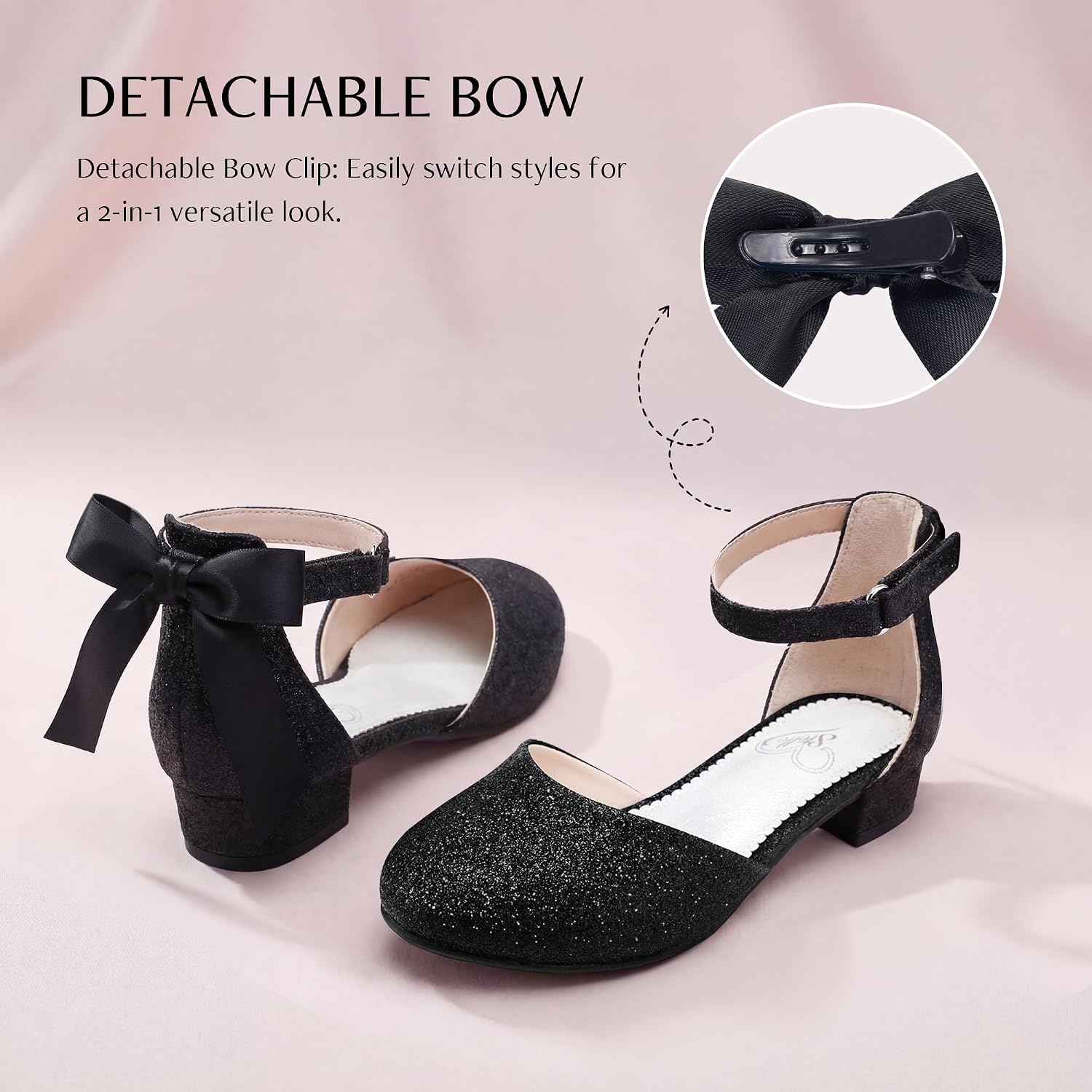 Stelle Girls Low Heel Dress Shoes with Detachable Bow for Wedding Party(Black Glitter)