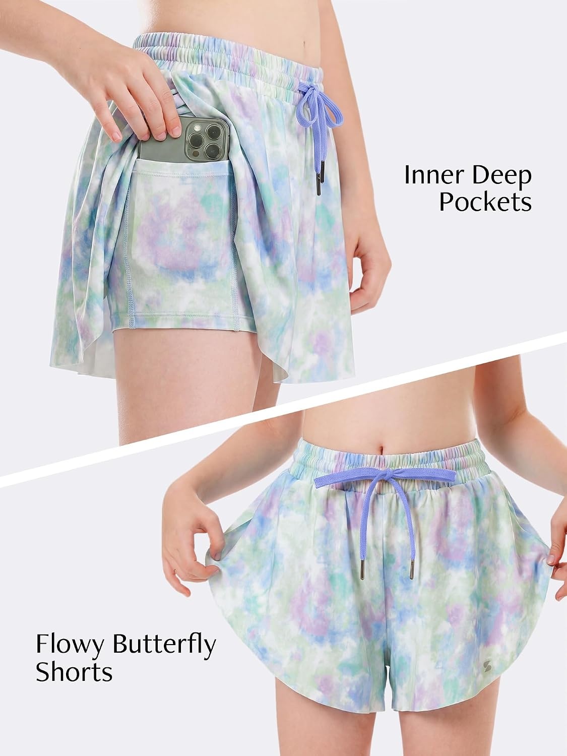 Stelle Girls Butterfly Shorts with Pockets Athletic Running Sports Skirt | 2 in 1 Sports short, 5-16 Years, Lightweight, Breathable, Quick-dry, Compression liner, 2 Inner pockets, Elastic waistband(Spring Mist)