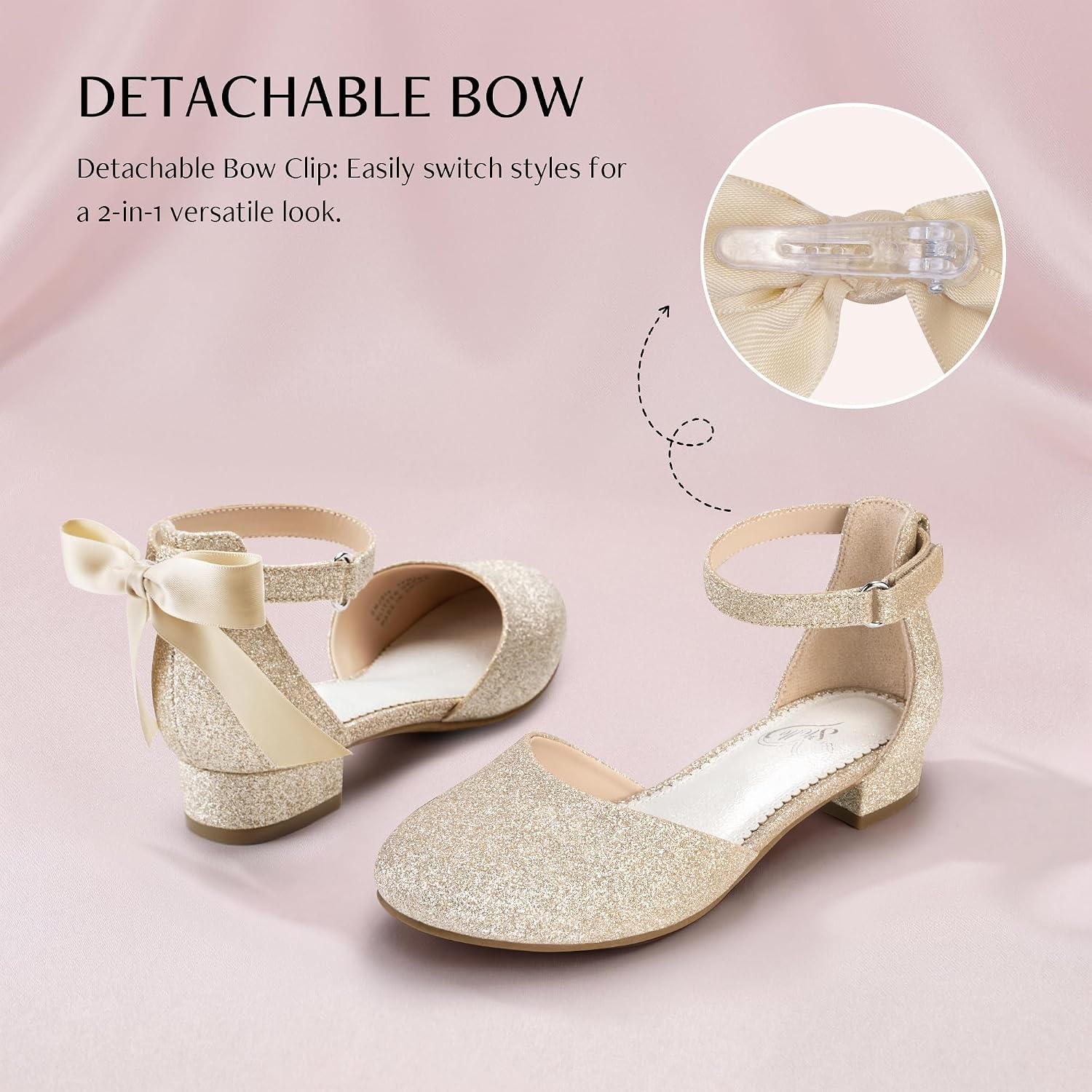 Stelle Girls Low Heel Dress Shoes with Detachable Bow for Wedding Party(Gold)