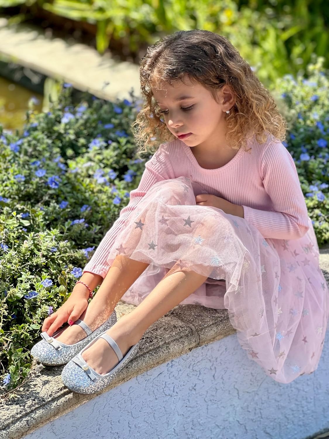 Stelle Girls Glitter Dress Shoes Flats with Pearl Bow for Party Flower Girl(Silver)