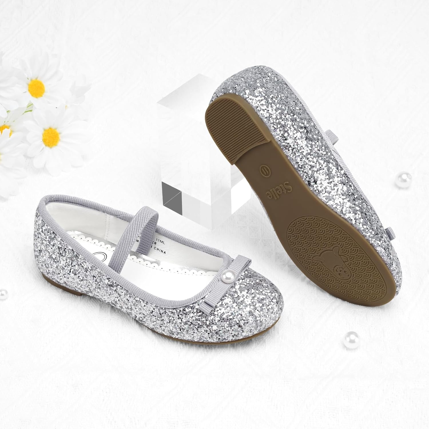 Stelle Girls Glitter Dress Shoes Flats with Pearl Bow for Party Flower Girl(Silver)