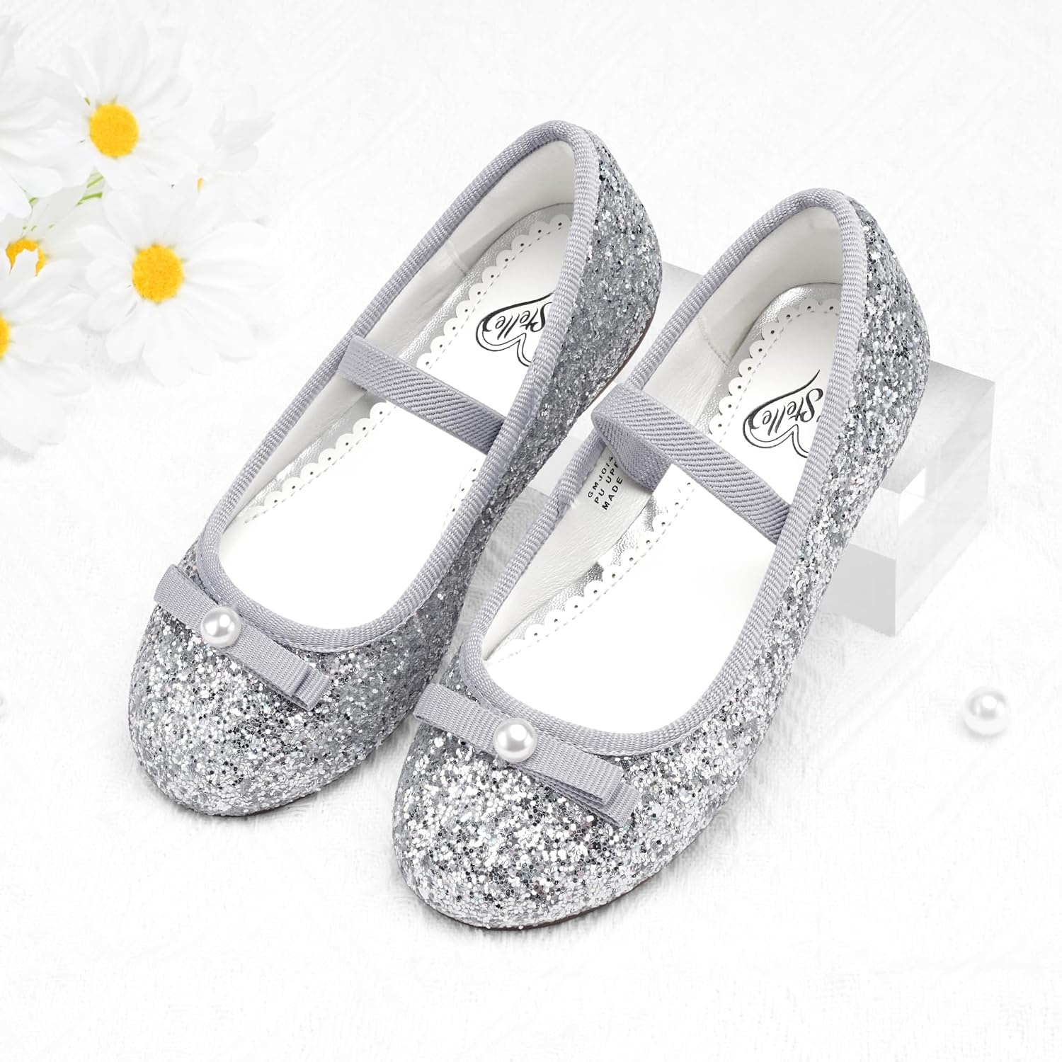 Stelle Girls Glitter Dress Shoes Flats with Pearl Bow for Party Flower Girl(Silver)