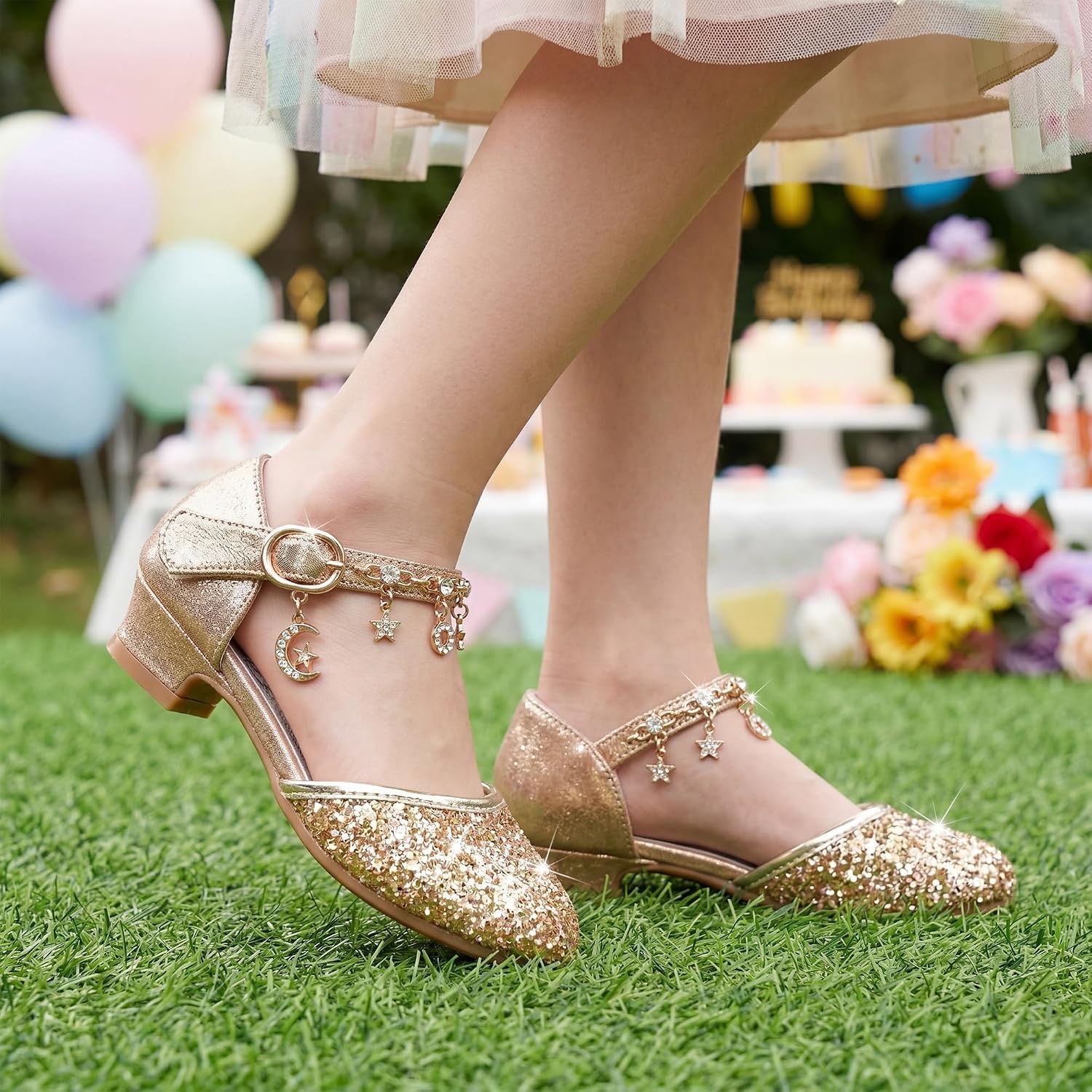 Stelle Girls High Heels Sequins Dress Sandals Princess Dress Shoes Flower Wedding Party Shoes(Gold)