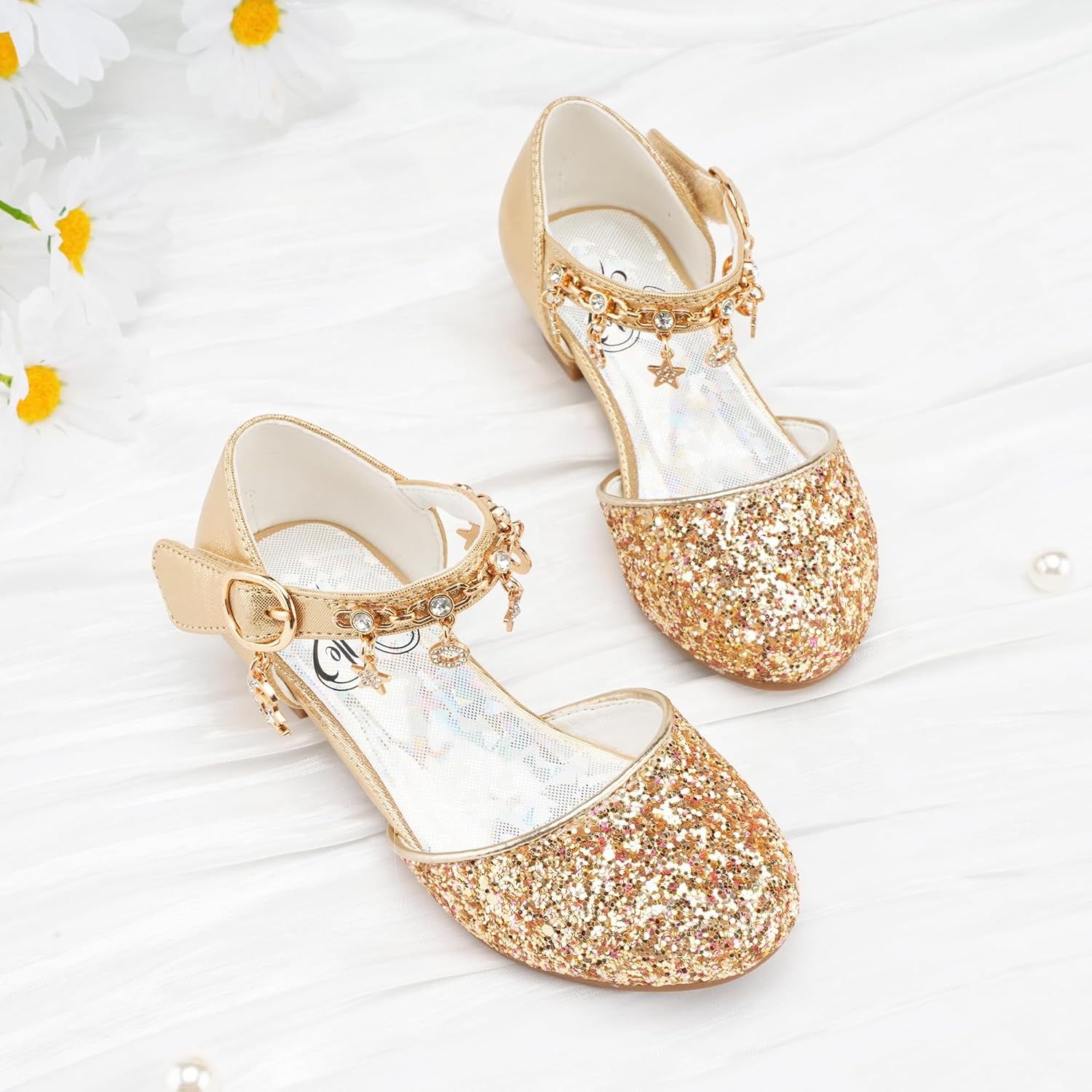 Stelle Girls High Heels Sequins Dress Sandals Princess Dress Shoes Flower Wedding Party Shoes(Gold)