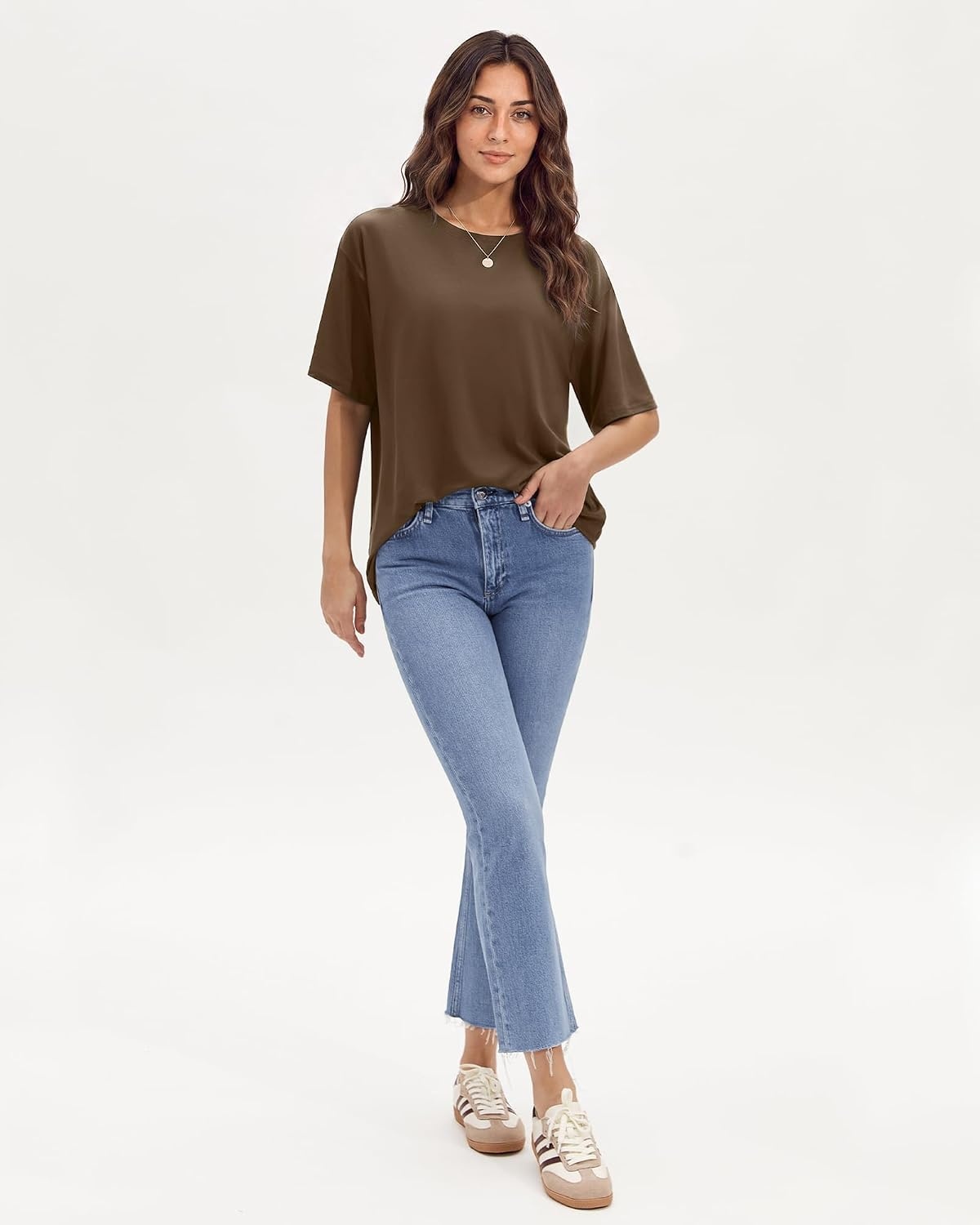 Stelle Non See Through Oversized T Shirts Women Crew Neck Short Sleeve Summer Tops Soft Basic Tee Shirt(Mocha)