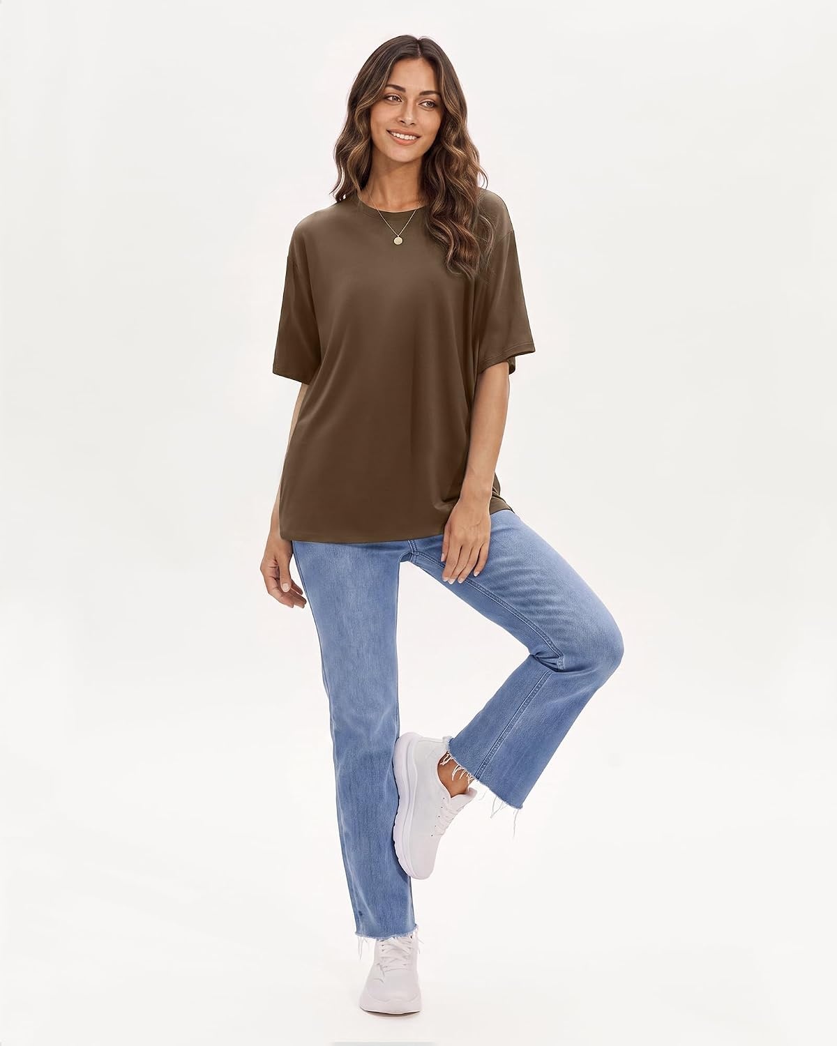 Stelle Non See Through Oversized T Shirts Women Crew Neck Short Sleeve Summer Tops Soft Basic Tee Shirt(Mocha)