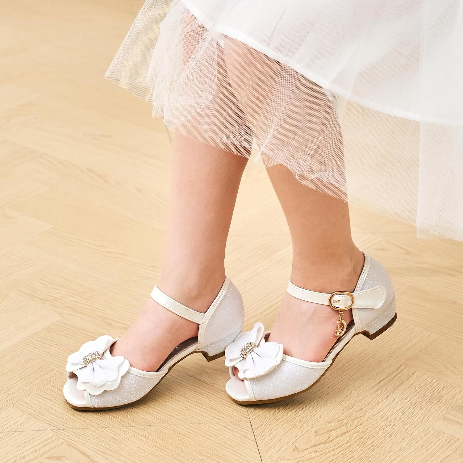 Stelle Girls Dress Shoes Low Heel Glitter Bow Party Wedding Flower School Shoes(Bella-white)