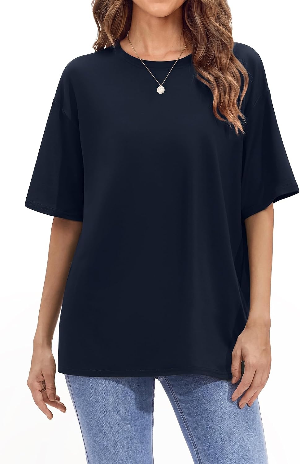 Stelle Non See Through Oversized T Shirts Women Crew Neck Short Sleeve Summer Tops Soft Basic Tee Shirt(Navy)