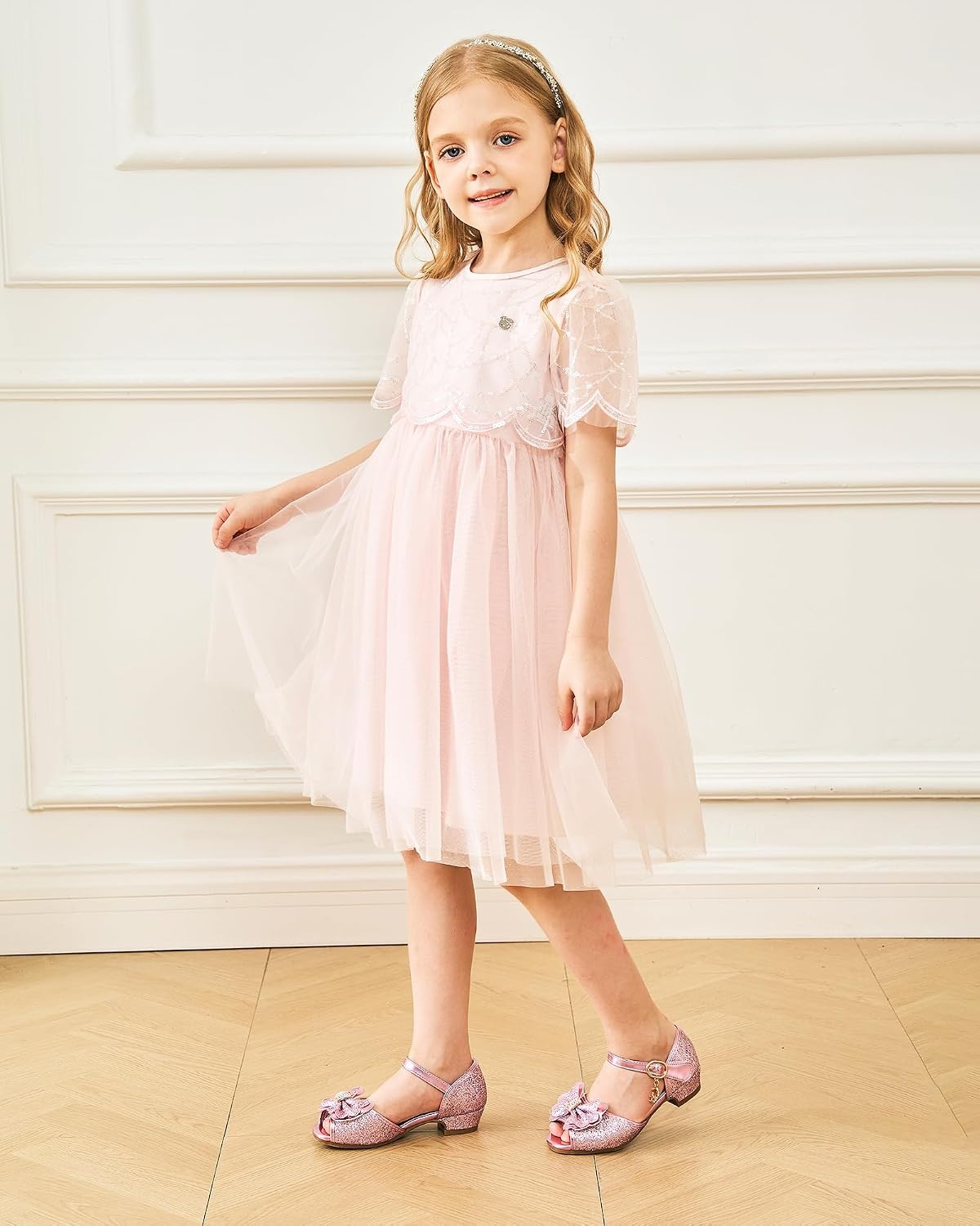 Stelle Girls Dress Shoes Low Heel Glitter Bow Party Wedding Flower School Shoes(Bella-pink)
