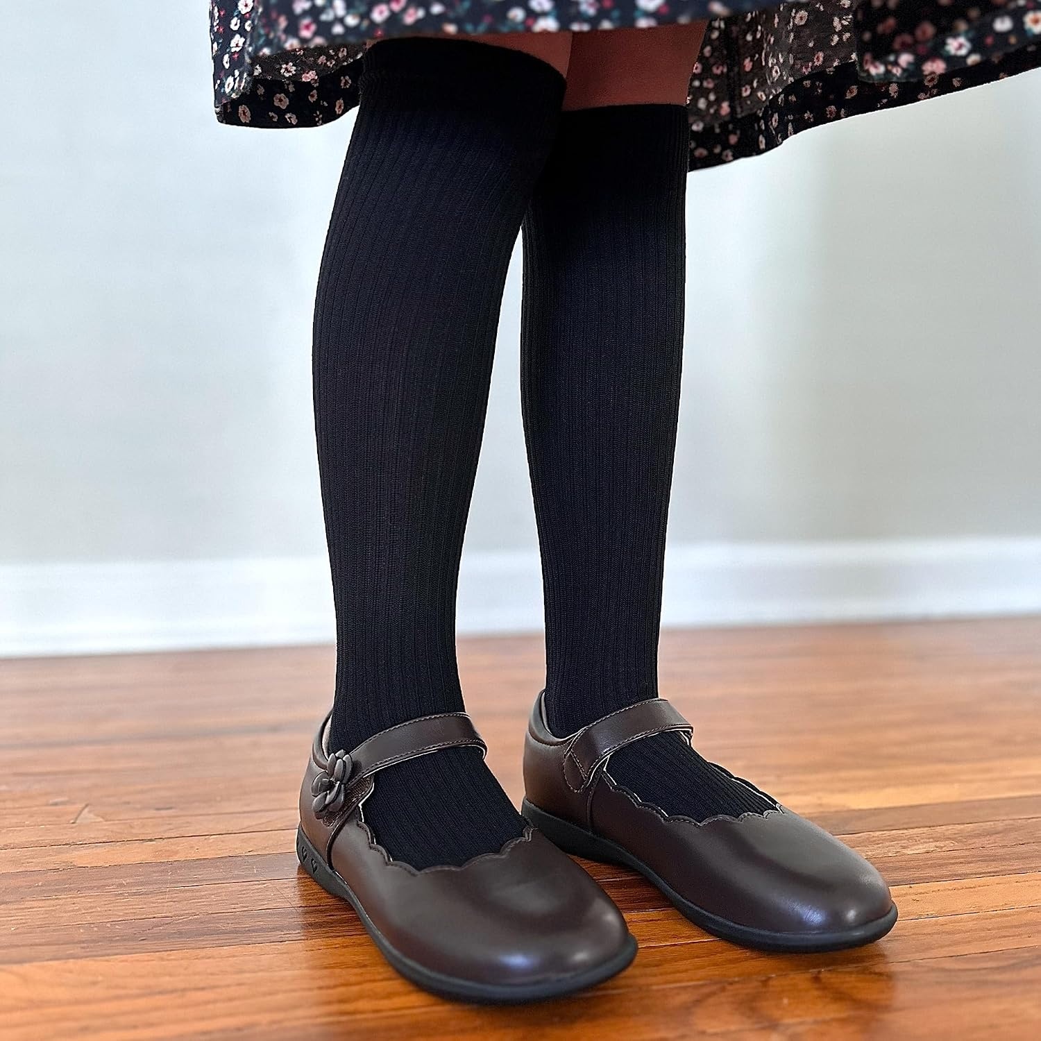 Stelle Girls Mary Jane Shoes School Uniform Flats Dress Shoes Oxford Church Music Recitals(Little/Big Kids) | Flower detail, Scalloped trim, Cushioned comfort, Flexible outsole, Hook-and-loop closure, Dress occasions(Brown)
