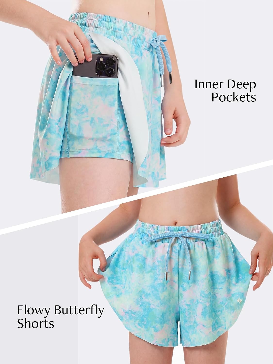 Stelle Girls Flowy Shorts with Pockets Athletic Running Skirt High Waist Butterfly 2 in 1 Sports Short 5-16 Years(Blue Meadow)