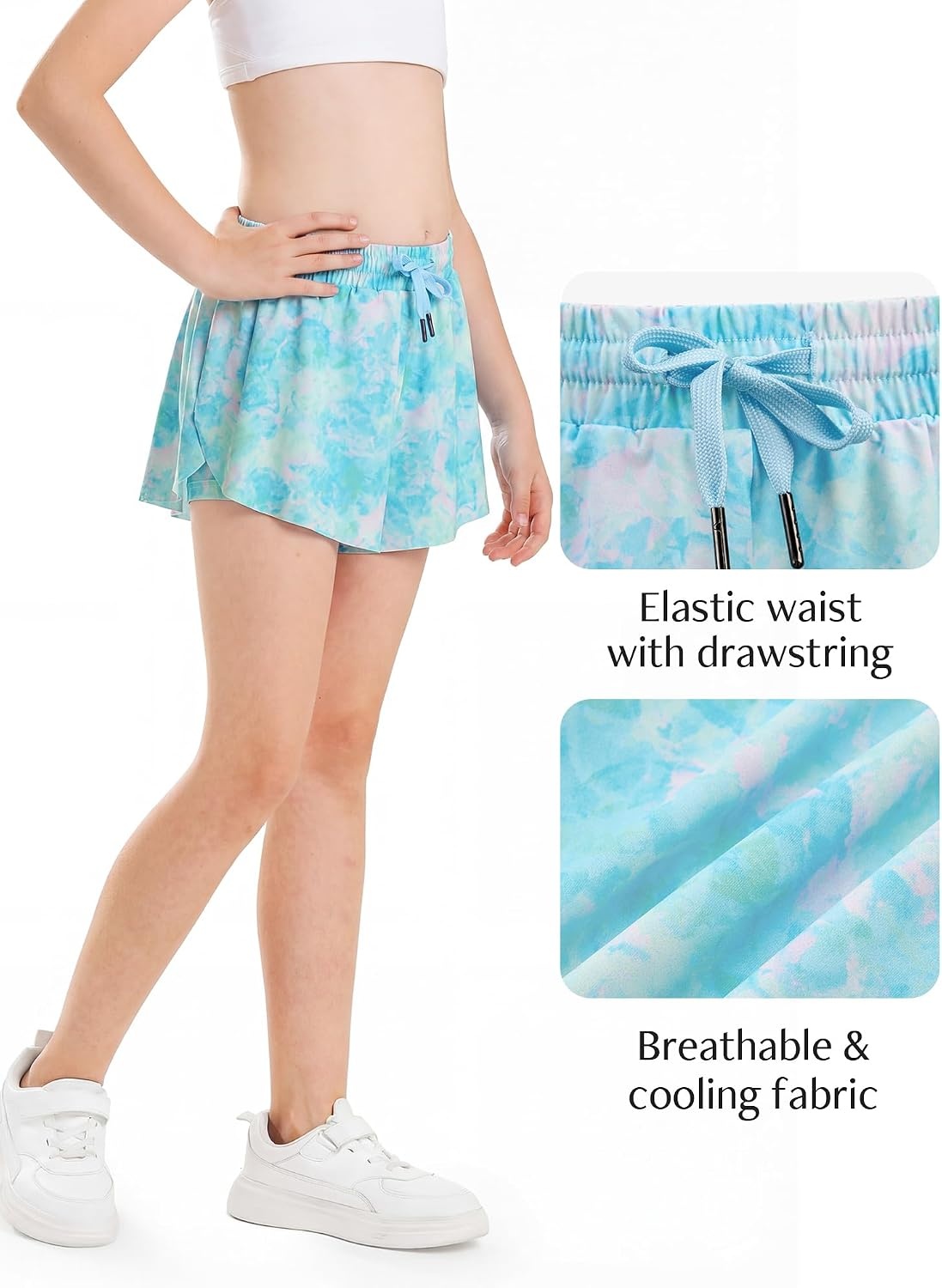 Stelle Girls Flowy Shorts with Pockets Athletic Running Skirt High Waist Butterfly 2 in 1 Sports Short 5-16 Years(Blue Meadow)