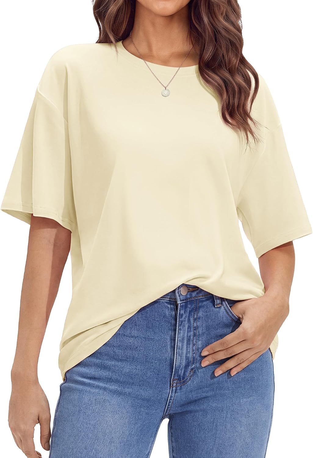 Stelle Non See Through Oversized T Shirts Women Crew Neck Short Sleeve Summer Tops Soft Basic Tee Shirt(Creme)