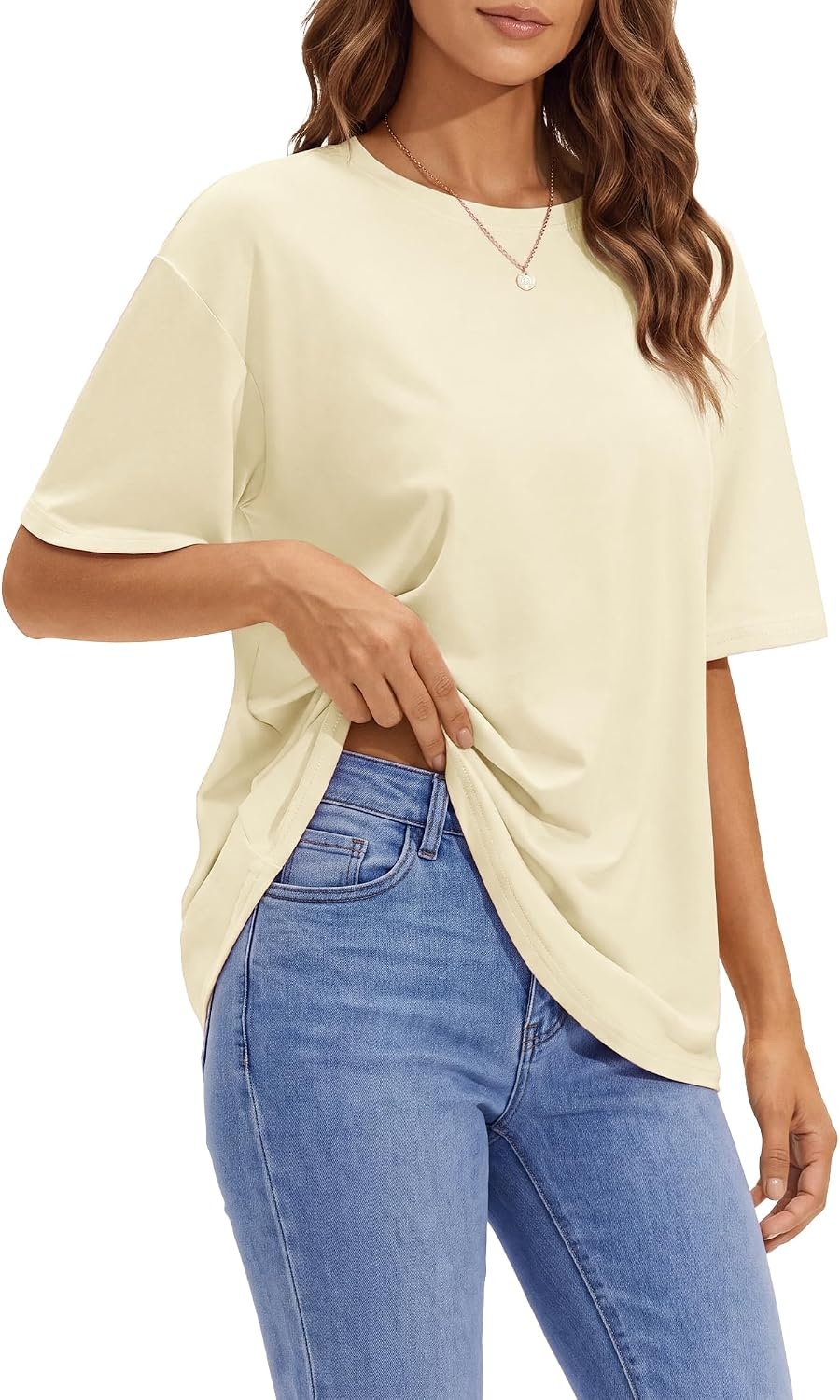 Stelle Non See Through Oversized T Shirts Women Crew Neck Short Sleeve Summer Tops Soft Basic Tee Shirt(Creme)