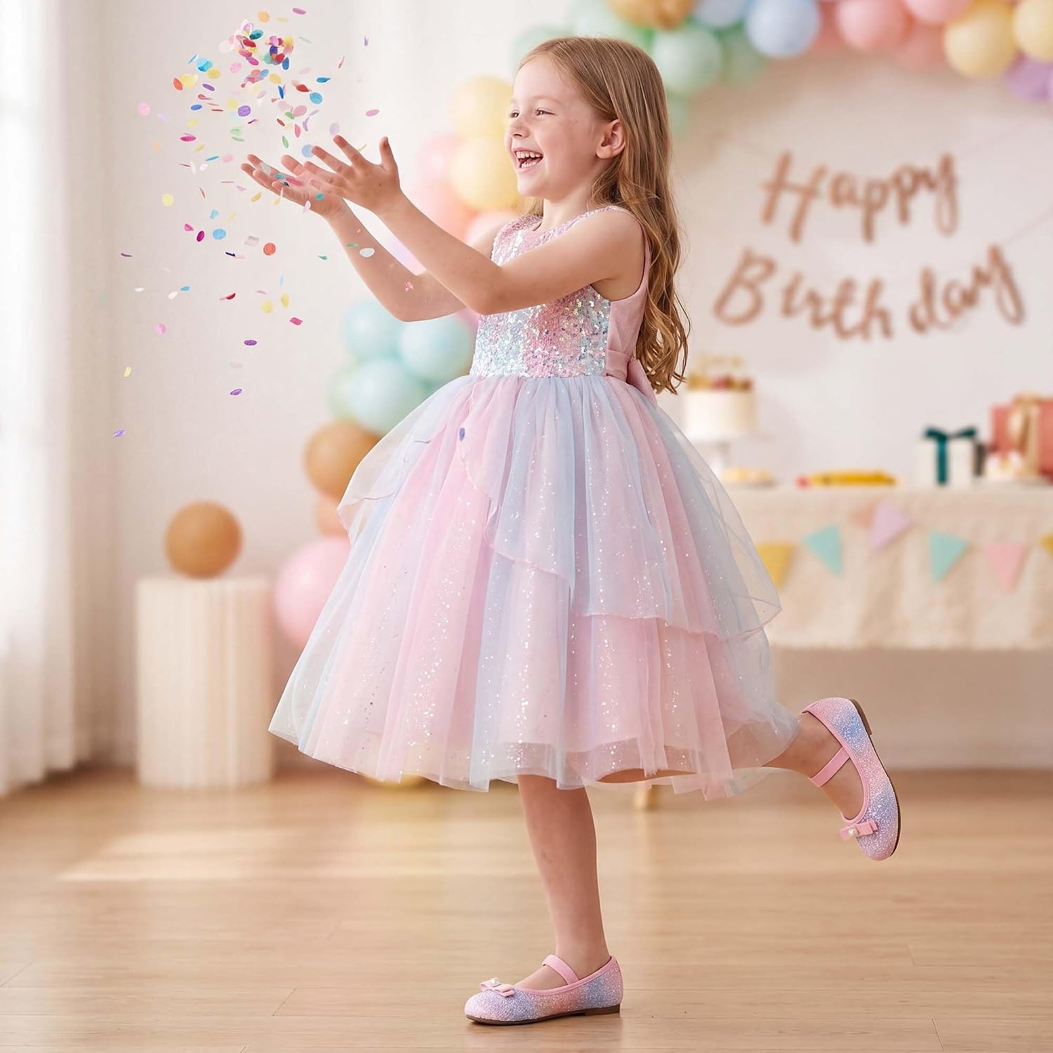 Stelle Girls Glitter Dress Shoes Flats with Pearl Bow for Party Flower Girl(Rainbow)