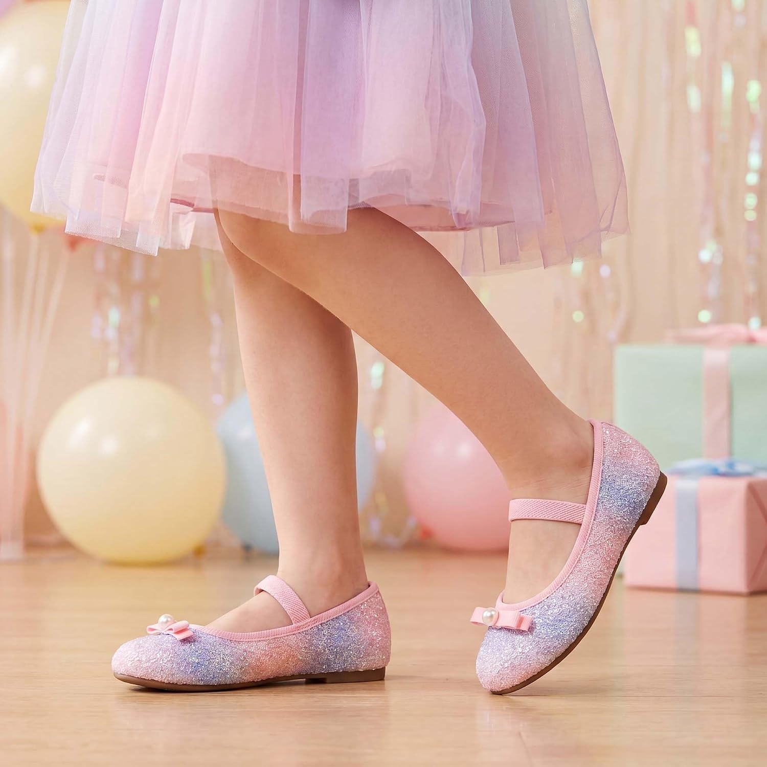 Stelle Girls Glitter Dress Shoes Flats with Pearl Bow for Party Flower Girl(Rainbow)