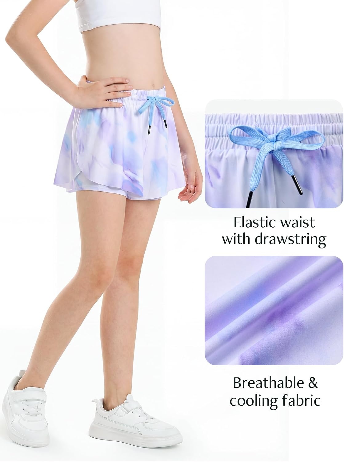 Stelle Girls Butterfly Shorts with Pockets Athletic Running Sports Skirt | 2 in 1 Sports short, 5-16 Years, Lightweight, Breathable, Quick-dry, Compression liner, 2 Inner pockets, Elastic waistband(Lilac Sky)
