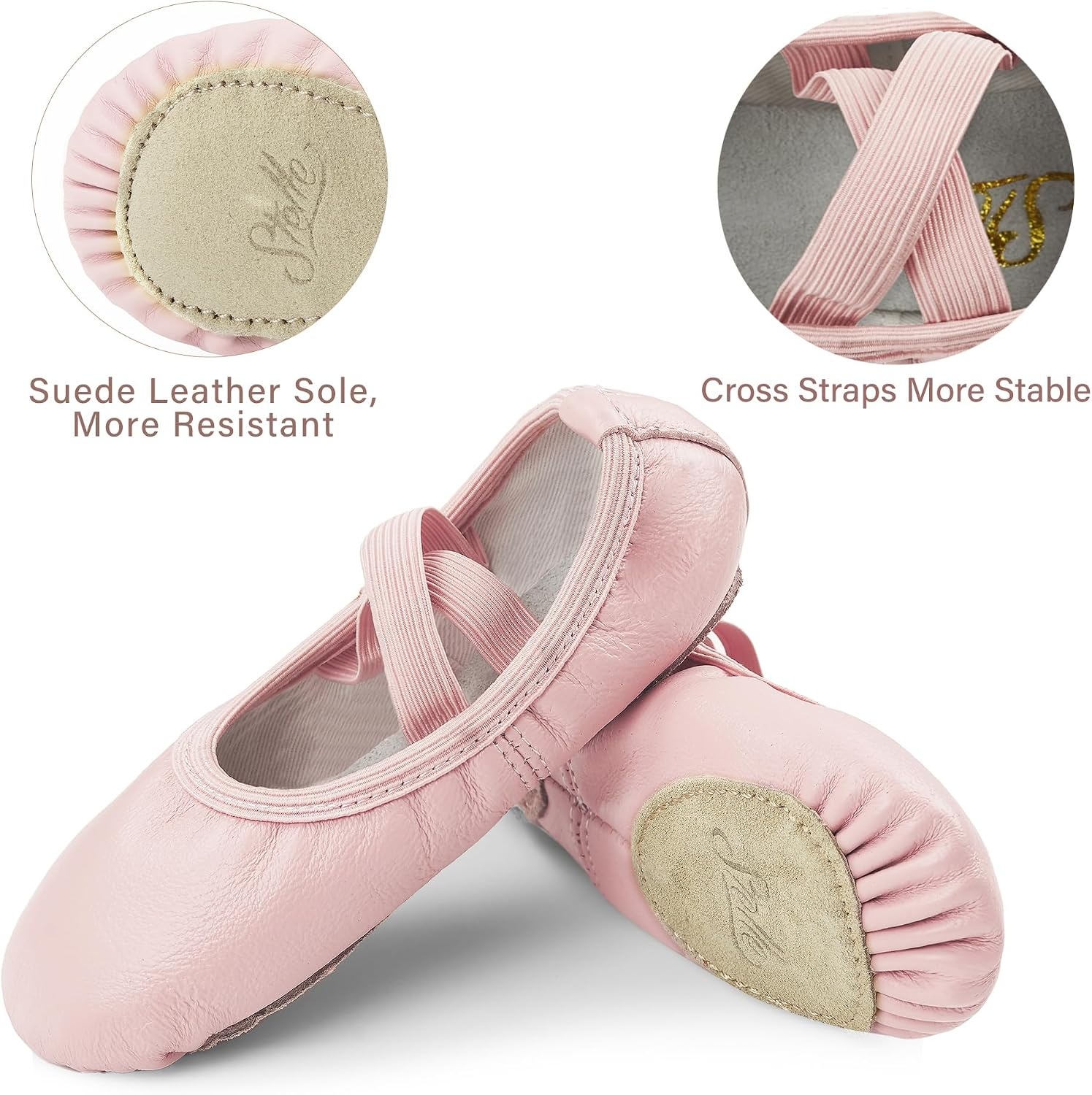 Stelle Ballet Shoes for Girls Genuine Leather Dance Slippers | Toddler ballet shoes, Full leather upper, Suede split sole, Elastic straps, Soft cotton lining, Flexible movement, Beginner(Pink (No-tie))