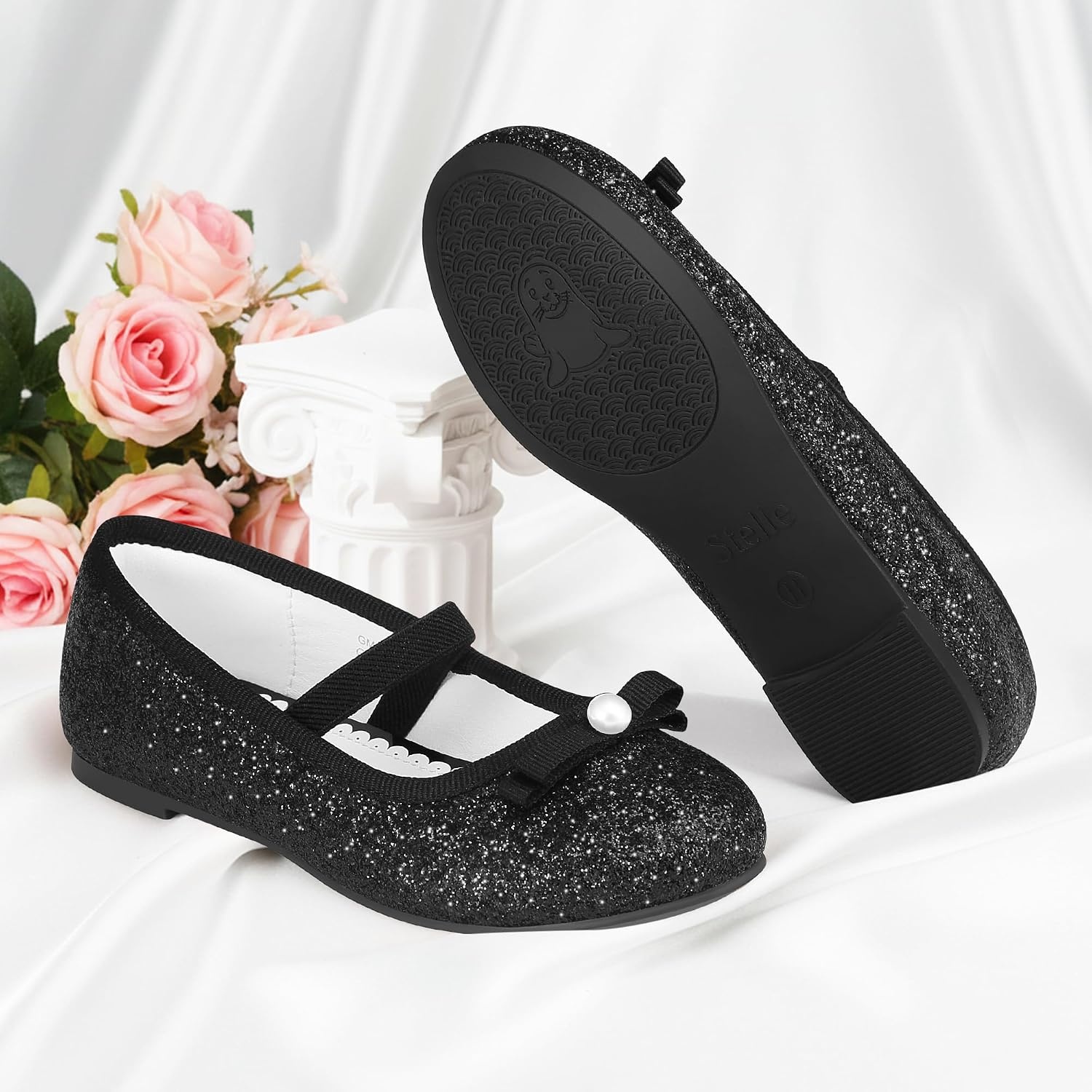 Stelle Girls Glitter Dress Shoes Flower Wedding Mary Jane Ballet Flats with Strap Toddler/Little/Big Kids(Black)