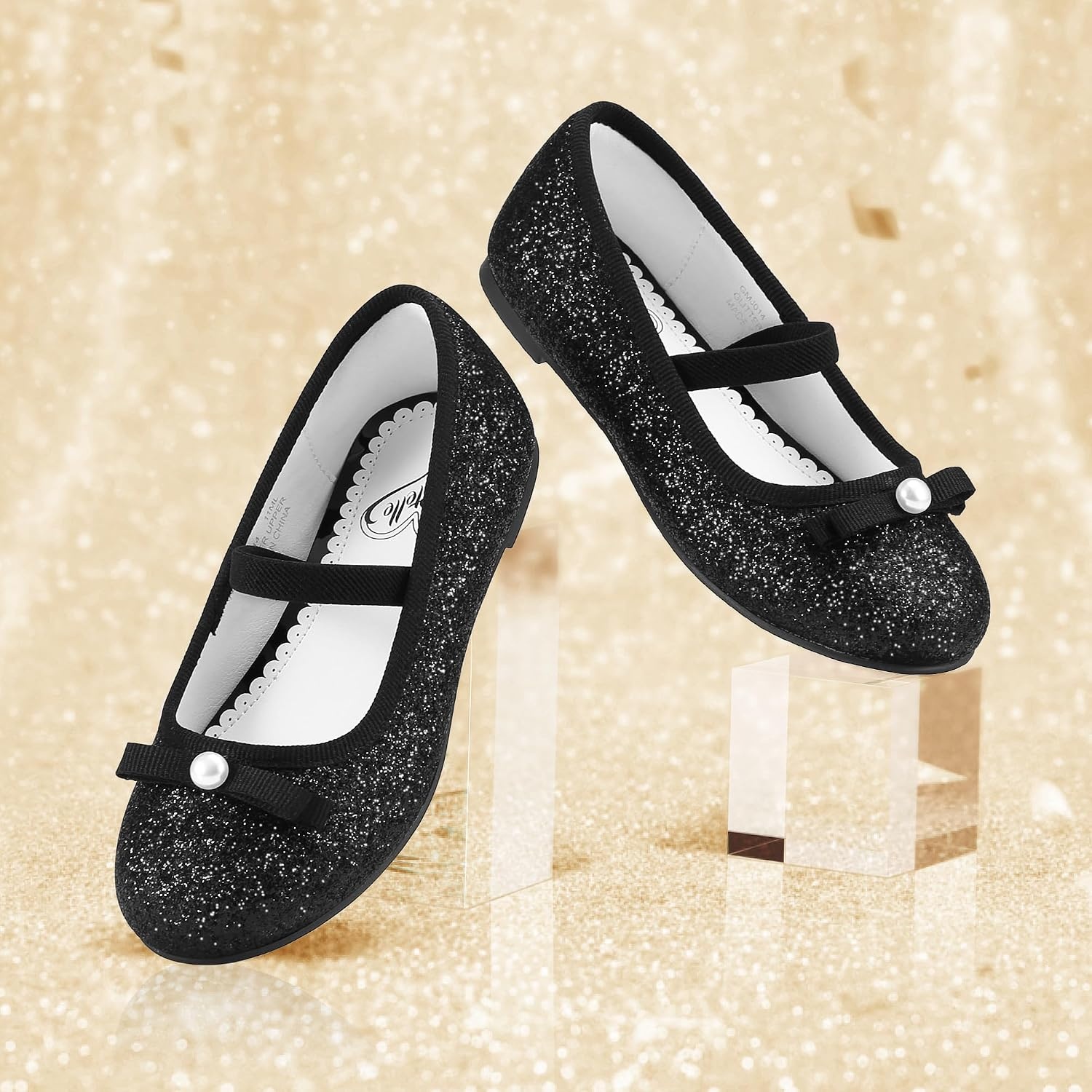 Stelle Girls Glitter Dress Shoes Flower Wedding Mary Jane Ballet Flats with Strap Toddler/Little/Big Kids(Black)