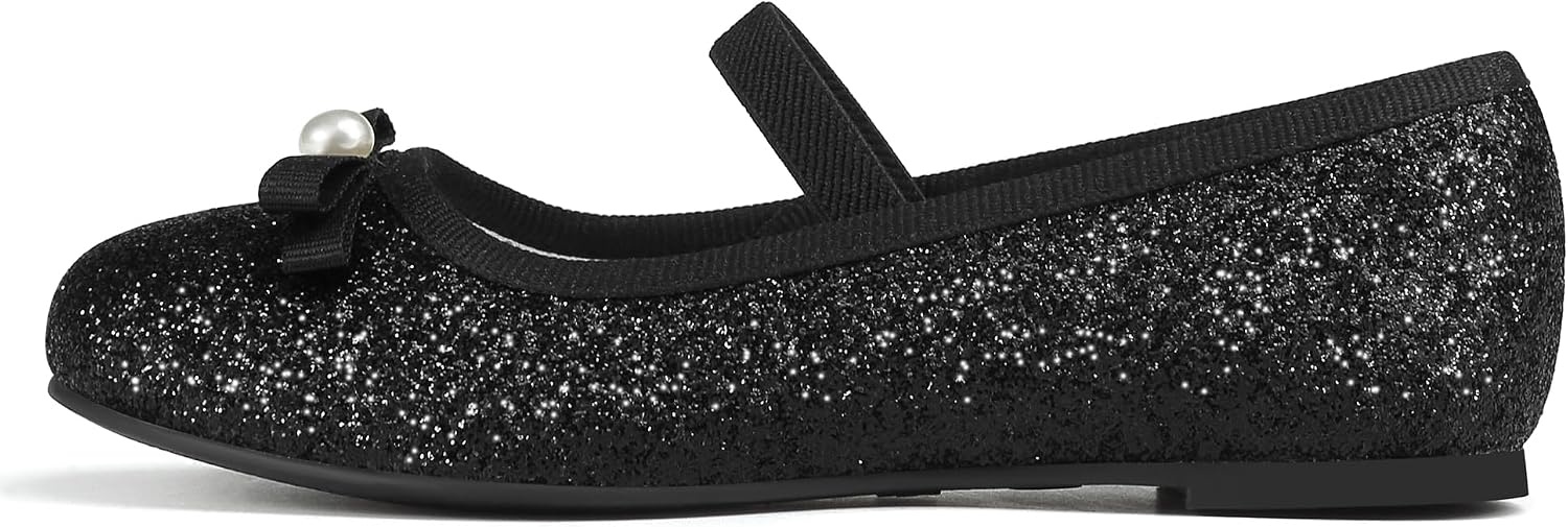 Stelle Girls Glitter Dress Shoes Flower Wedding Mary Jane Ballet Flats with Strap Toddler/Little/Big Kids(Black)