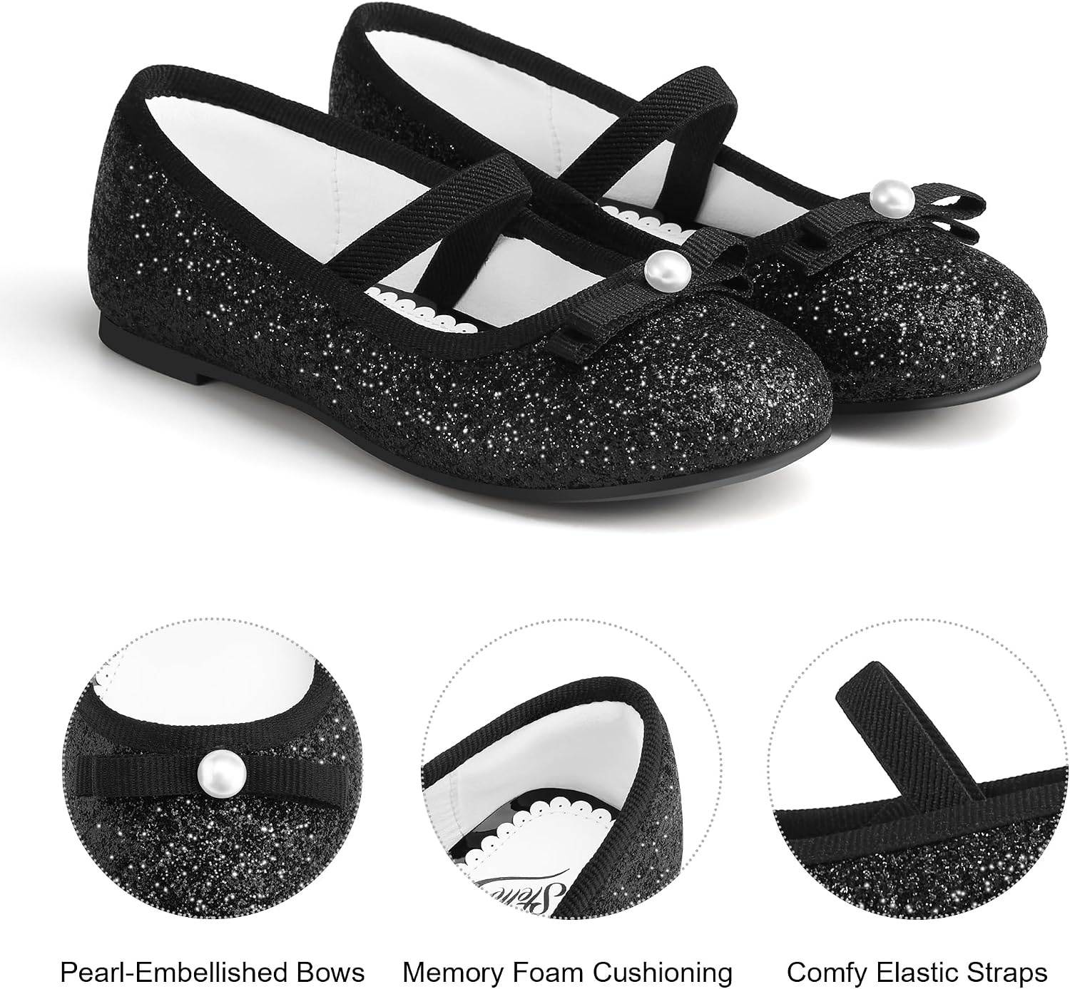 Stelle Girls Glitter Dress Shoes Flower Wedding Mary Jane Ballet Flats with Strap Toddler/Little/Big Kids(Black)
