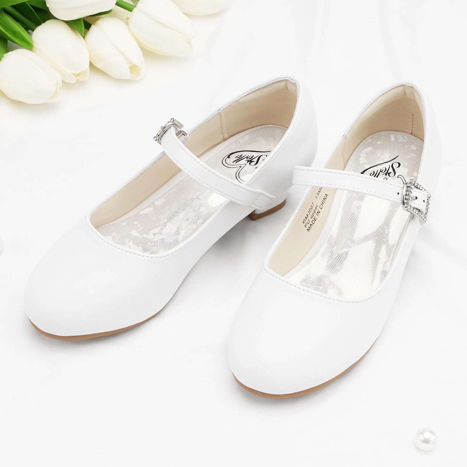 Stelle Girls Dress Shoes Low Heel Glitter Bow Party Wedding Flower School Shoes(Classic-white)