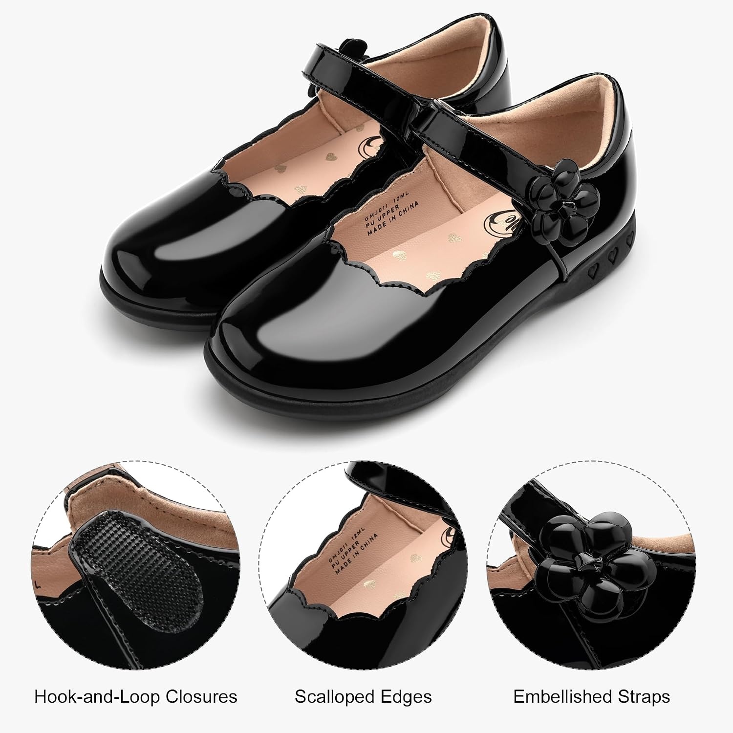 Stelle Girls Mary Jane Shoes School Uniform Flats Dress Shoes Oxford Church Music Recitals(Little/Big Kids) | Flower detail, Scalloped trim, Cushioned comfort, Flexible outsole, Hook-and-loop closure, Dress occasions(Publack Patent)