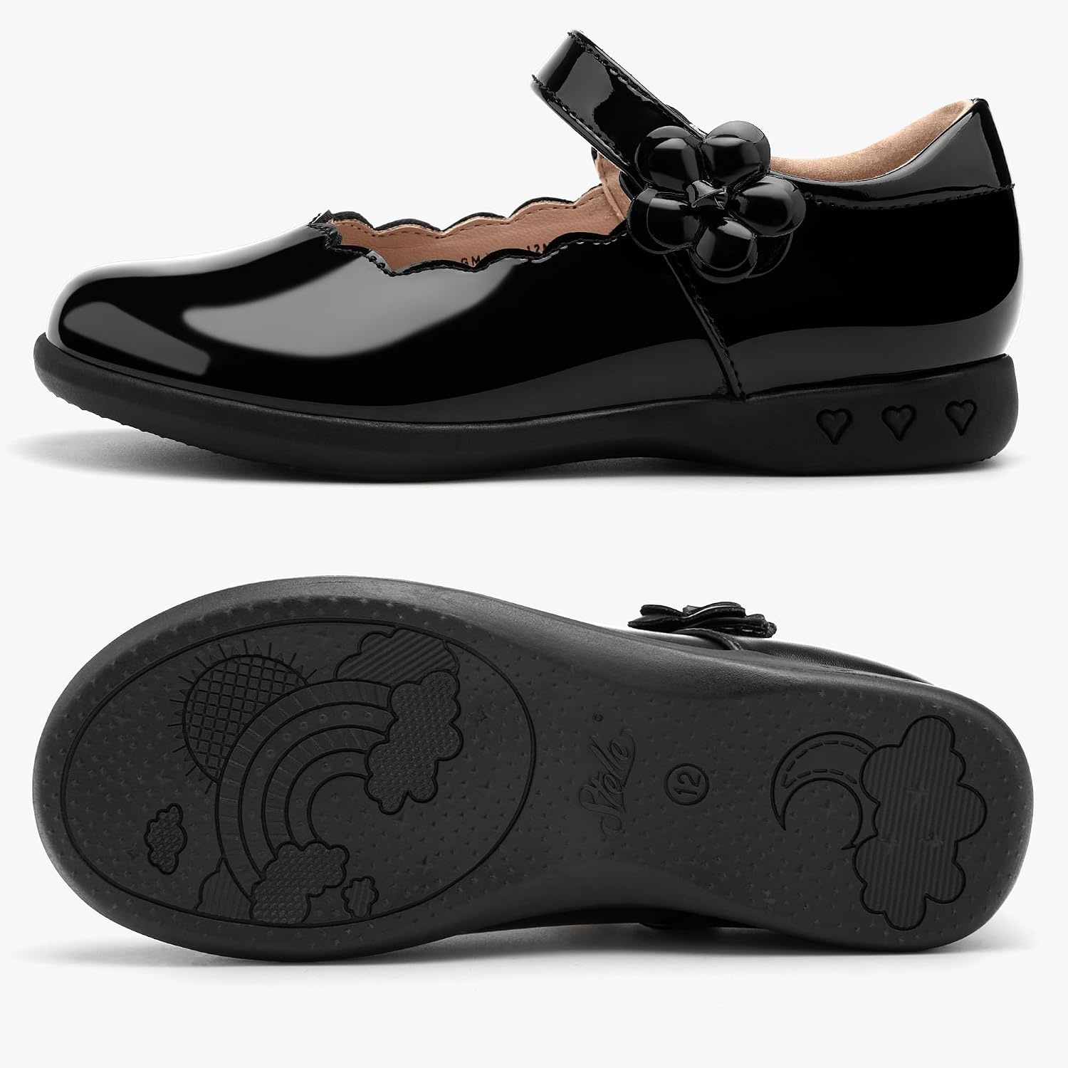 Stelle Girls Mary Jane Shoes School Uniform Flats Dress Shoes Oxford Church Music Recitals(Little/Big Kids) | Flower detail, Scalloped trim, Cushioned comfort, Flexible outsole, Hook-and-loop closure, Dress occasions(Publack Patent)