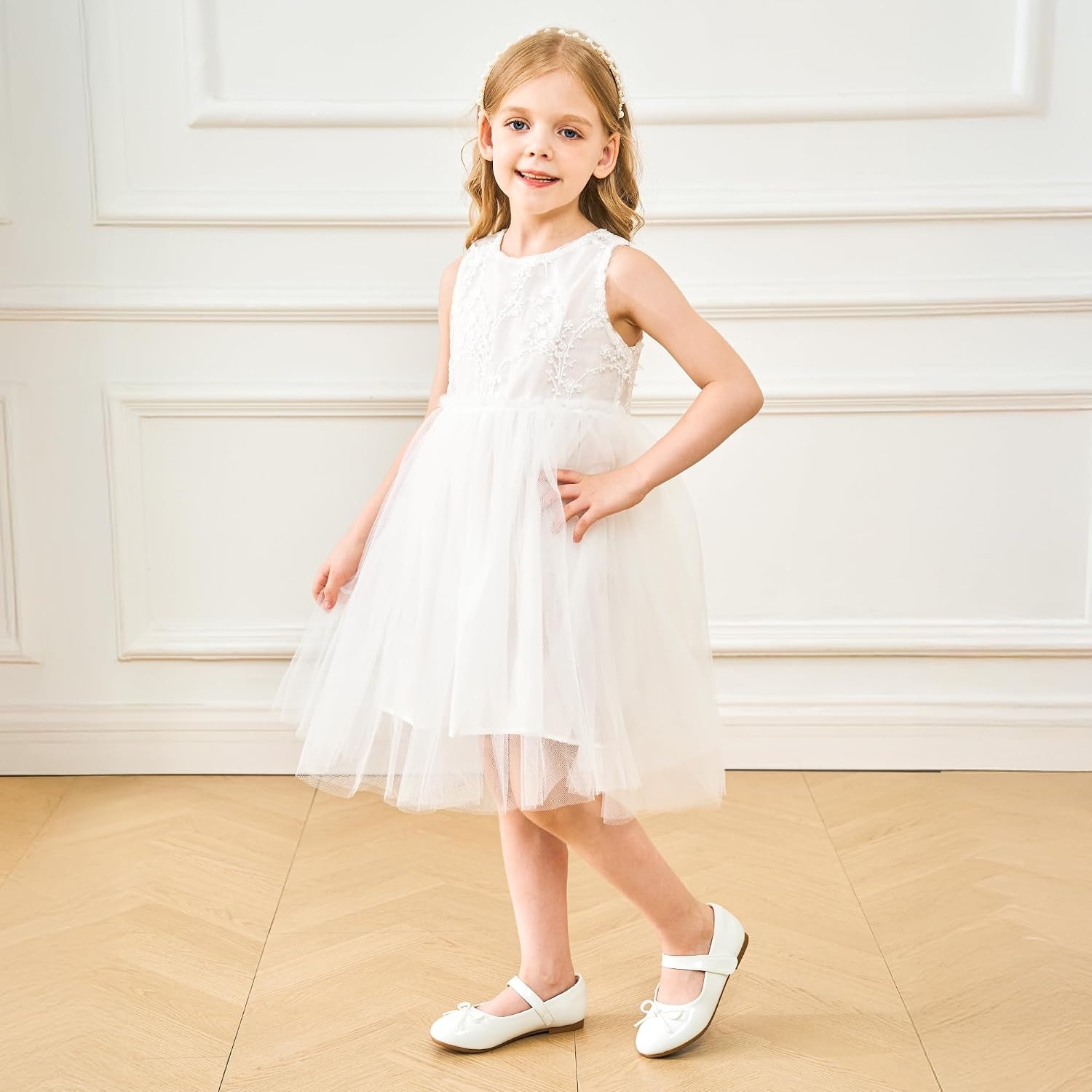 Stelle Girls Dress Shoes Mary Jane Flats for School Party Flower Girl | Hook-and-loop closure, Princess shoes, Cushioned comfort, Uniform, Wedding, Dress occasions, Patent finish, Glitter finish(White)