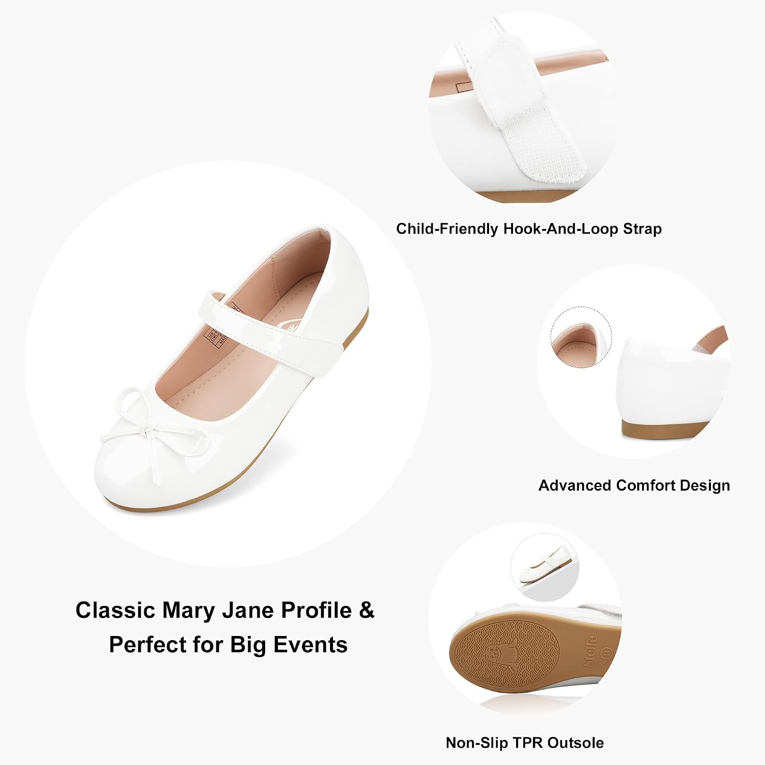Stelle Girls Dress Shoes Mary Jane Flats for School Party Flower Girl | Hook-and-loop closure, Princess shoes, Cushioned comfort, Uniform, Wedding, Dress occasions, Patent finish, Glitter finish(White)