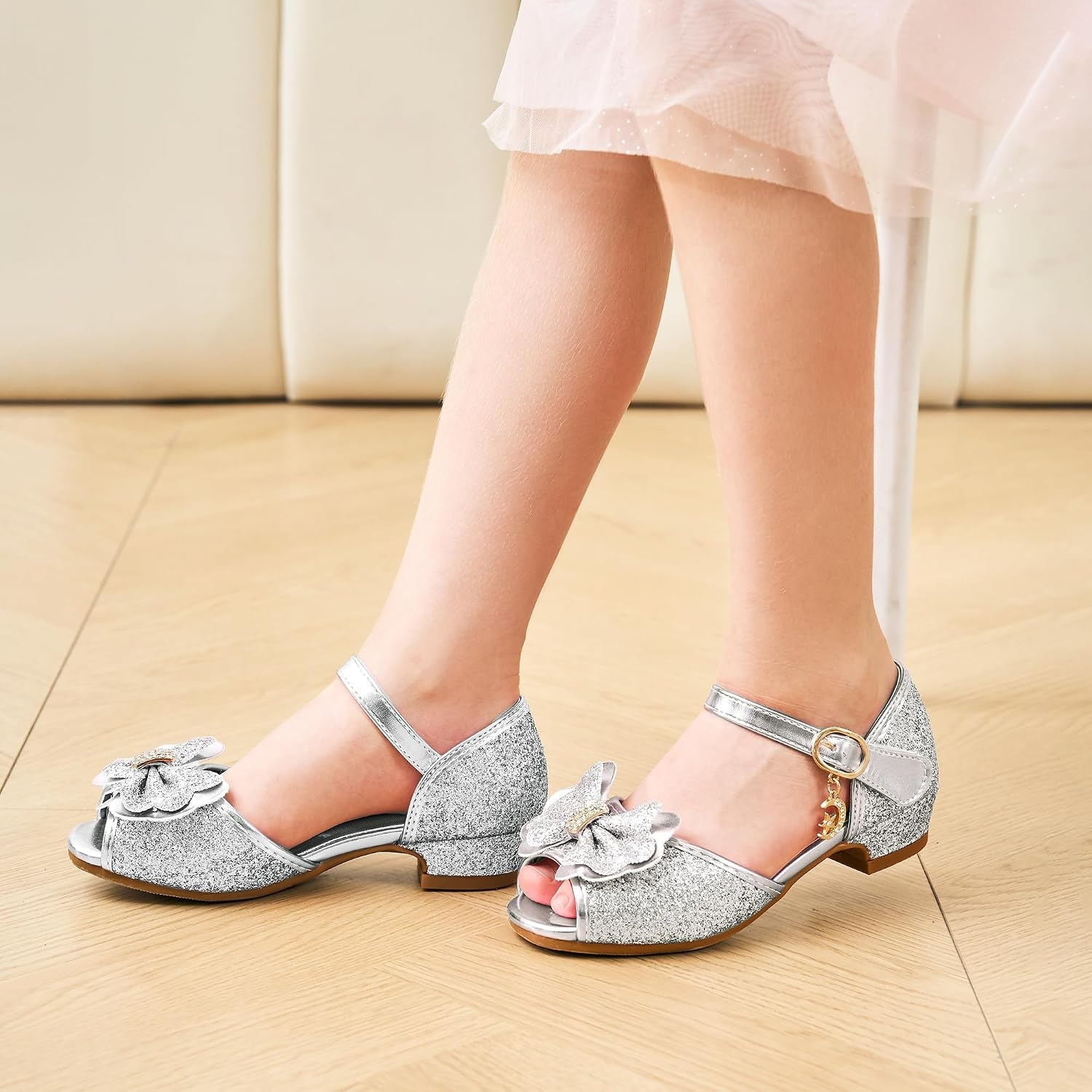 Stelle Girls Dress Shoes Low Heel Glitter Bow Party Wedding Flower School Shoes(Bella-silver)