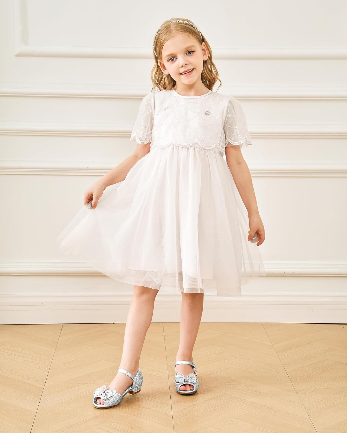 Stelle Girls Dress Shoes Low Heel Glitter Bow Party Wedding Flower School Shoes(Bella-silver)